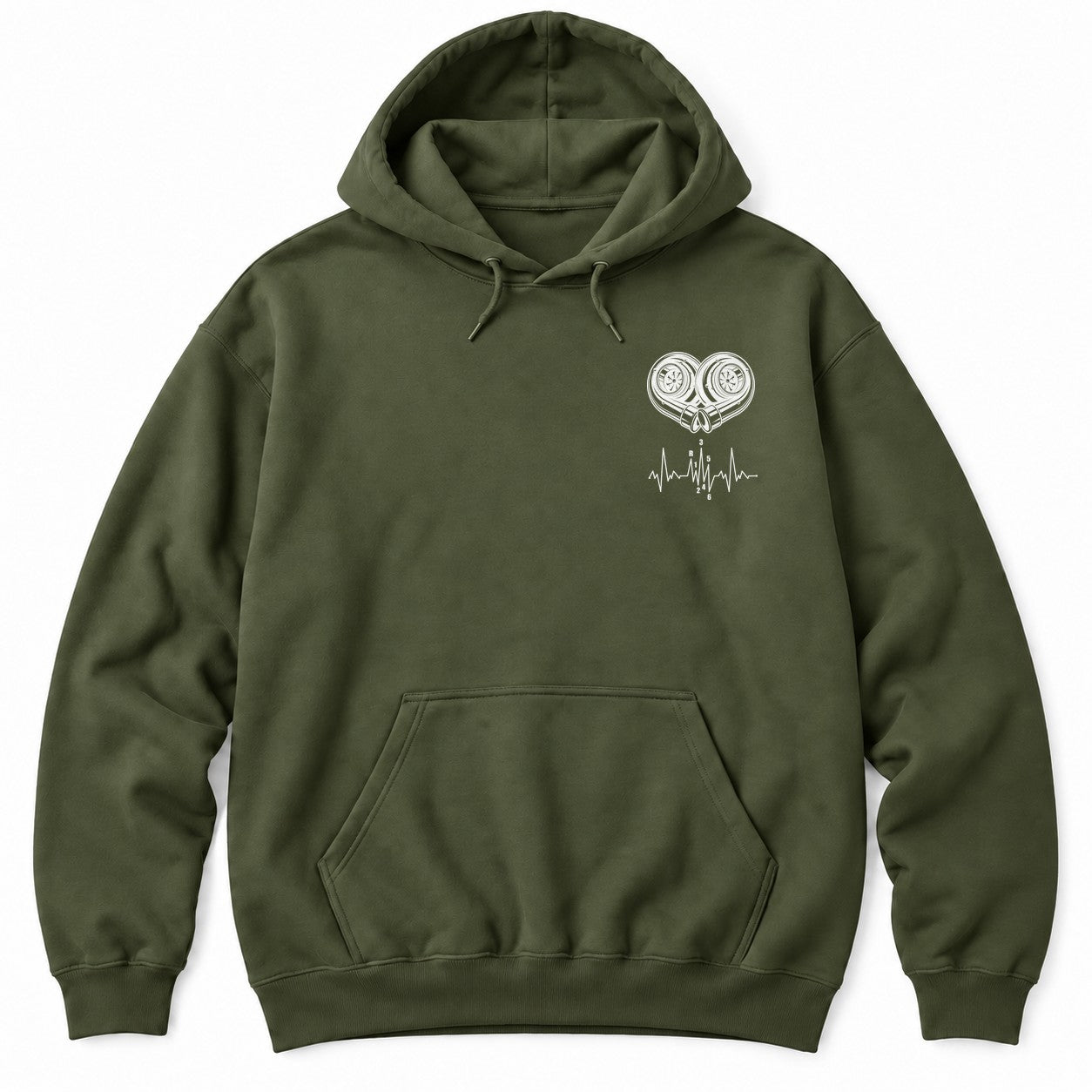 Military Green hoodie with white line art of two turbochargers forming a heart above a heartbeat line with a shift pattern