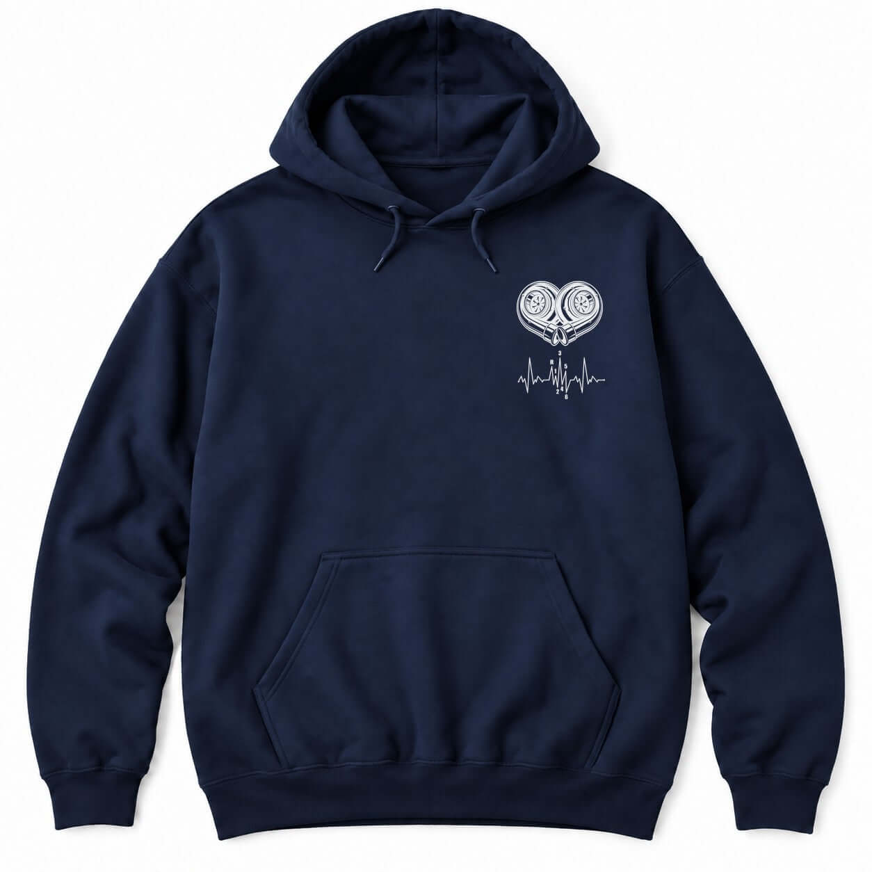 Navy hoodie with white line art of two turbochargers forming a heart above a heartbeat line with a shift pattern