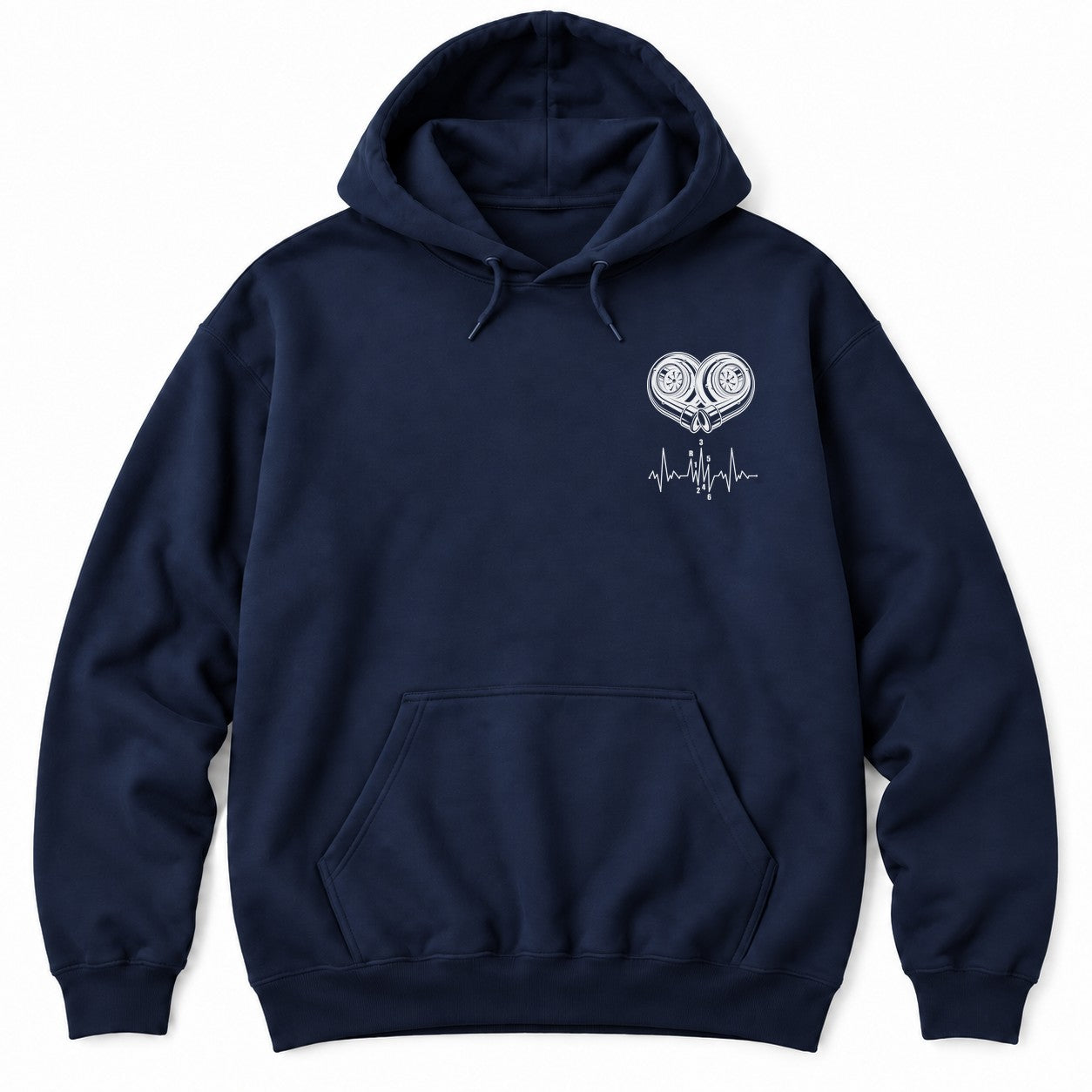 Navy hoodie with white line art of two turbochargers forming a heart above a heartbeat line with a shift pattern