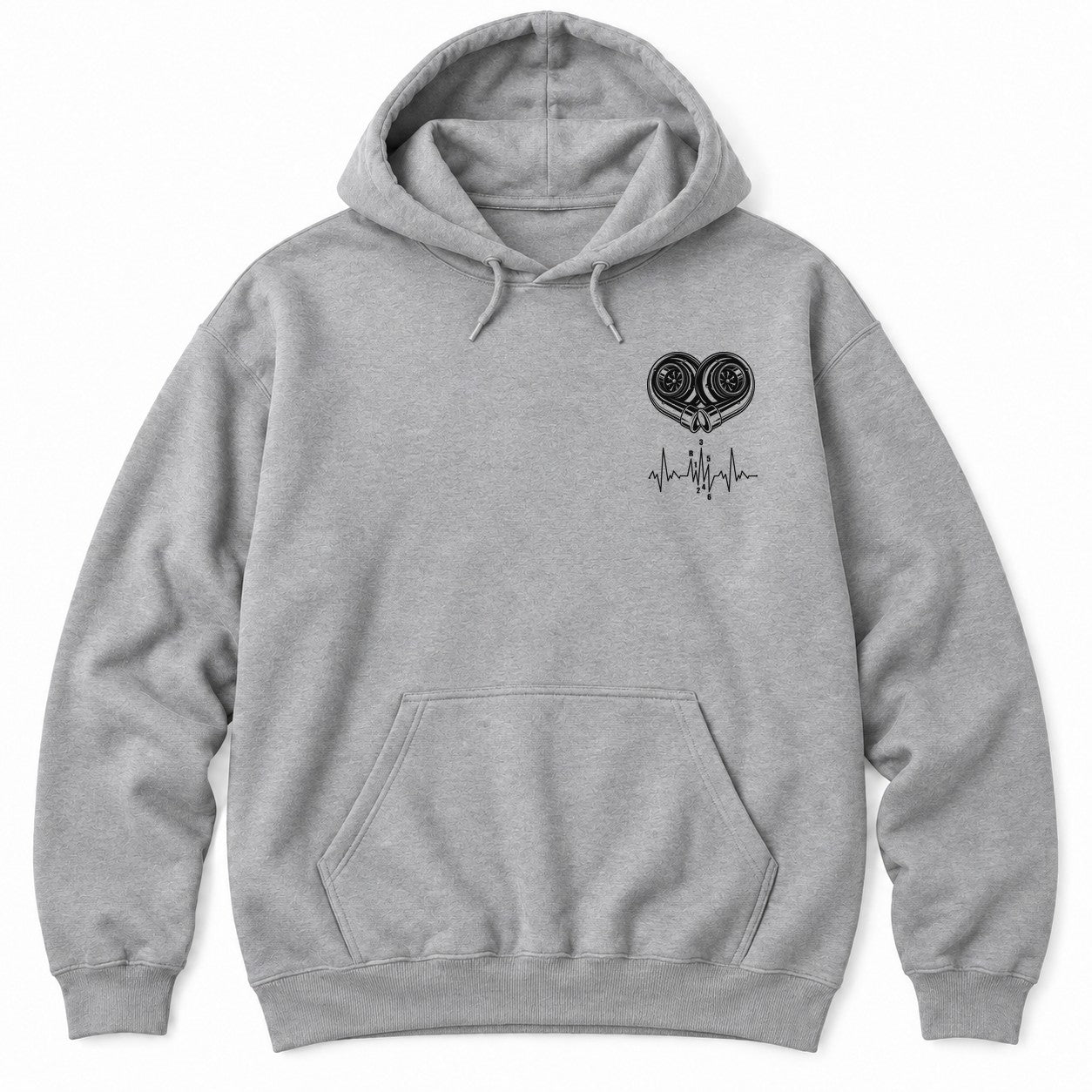 Sport Grey hoodie with white line art of two turbochargers forming a heart above a heartbeat line with a shift pattern