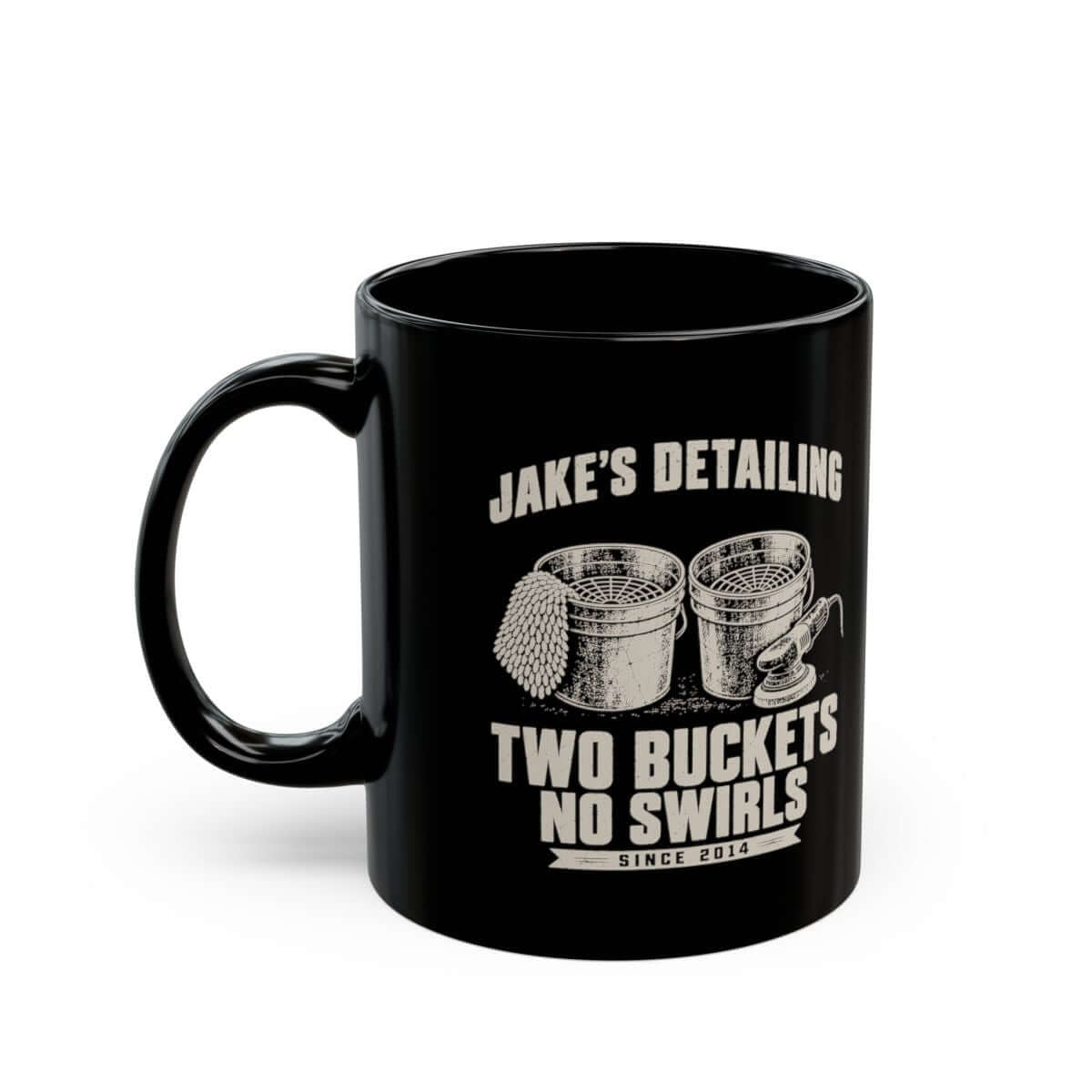 Two Buckets No Swirls Personalized Mug - 11oz black coffee mug, handle on the left
