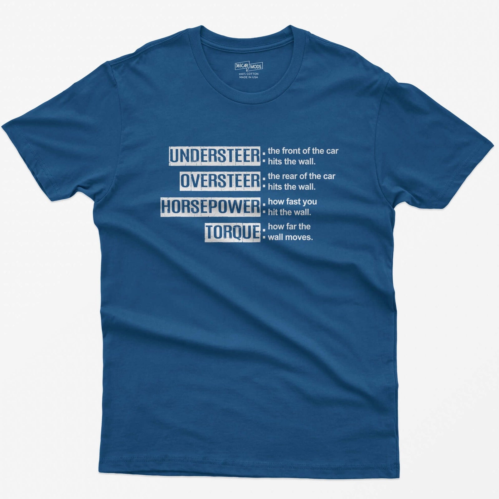 Royal t-shirt with Understeer, Oversteer, Horsepower and Torque in distressed label boxes with funny wall definitions