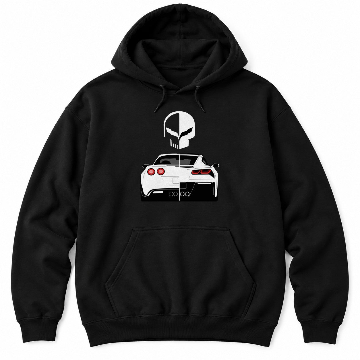 Black hoodie with a white split skull mascot above a split rear view of two generations of an American V8 sports car