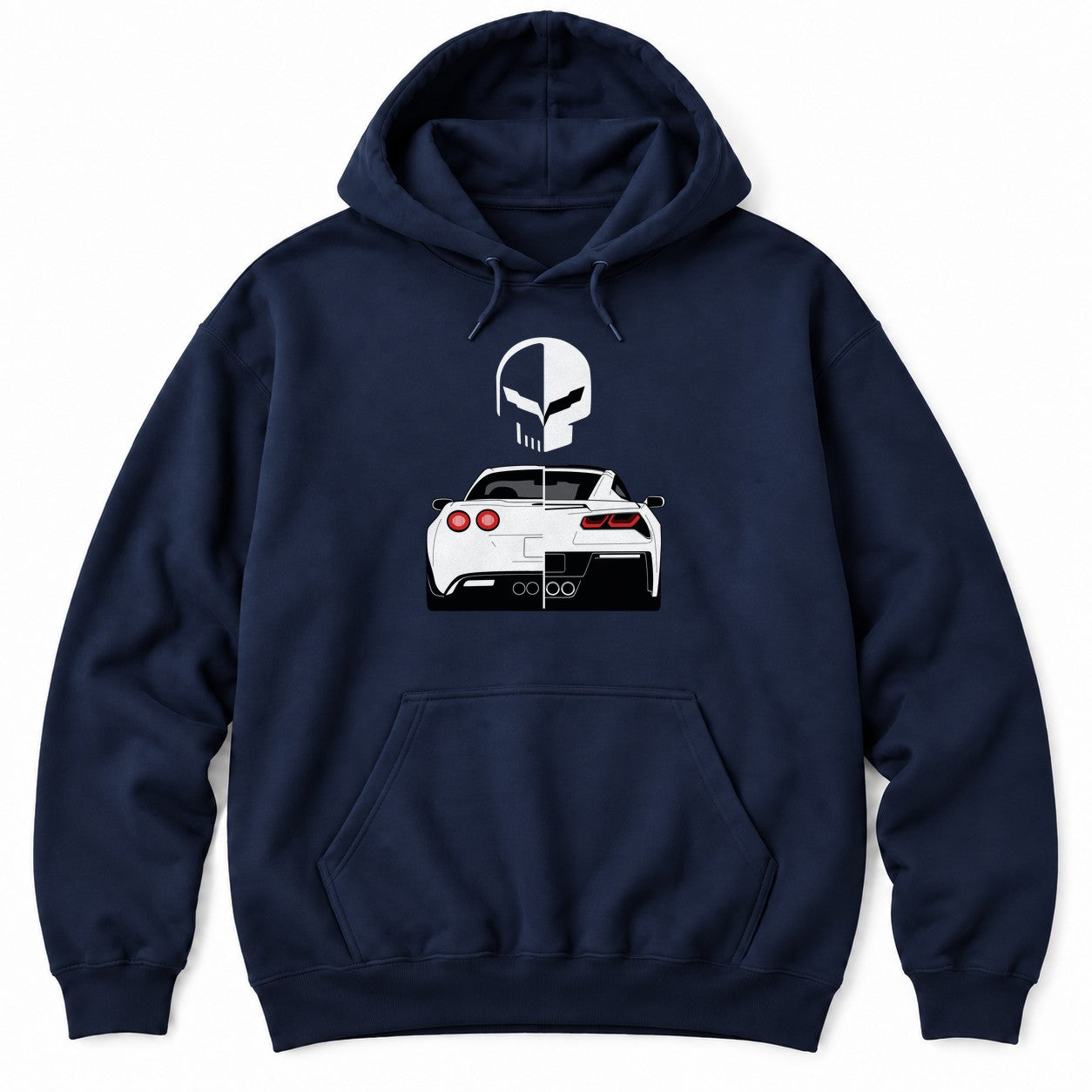 Navy hoodie with a white split skull mascot above a split rear view of two generations of an American V8 sports car