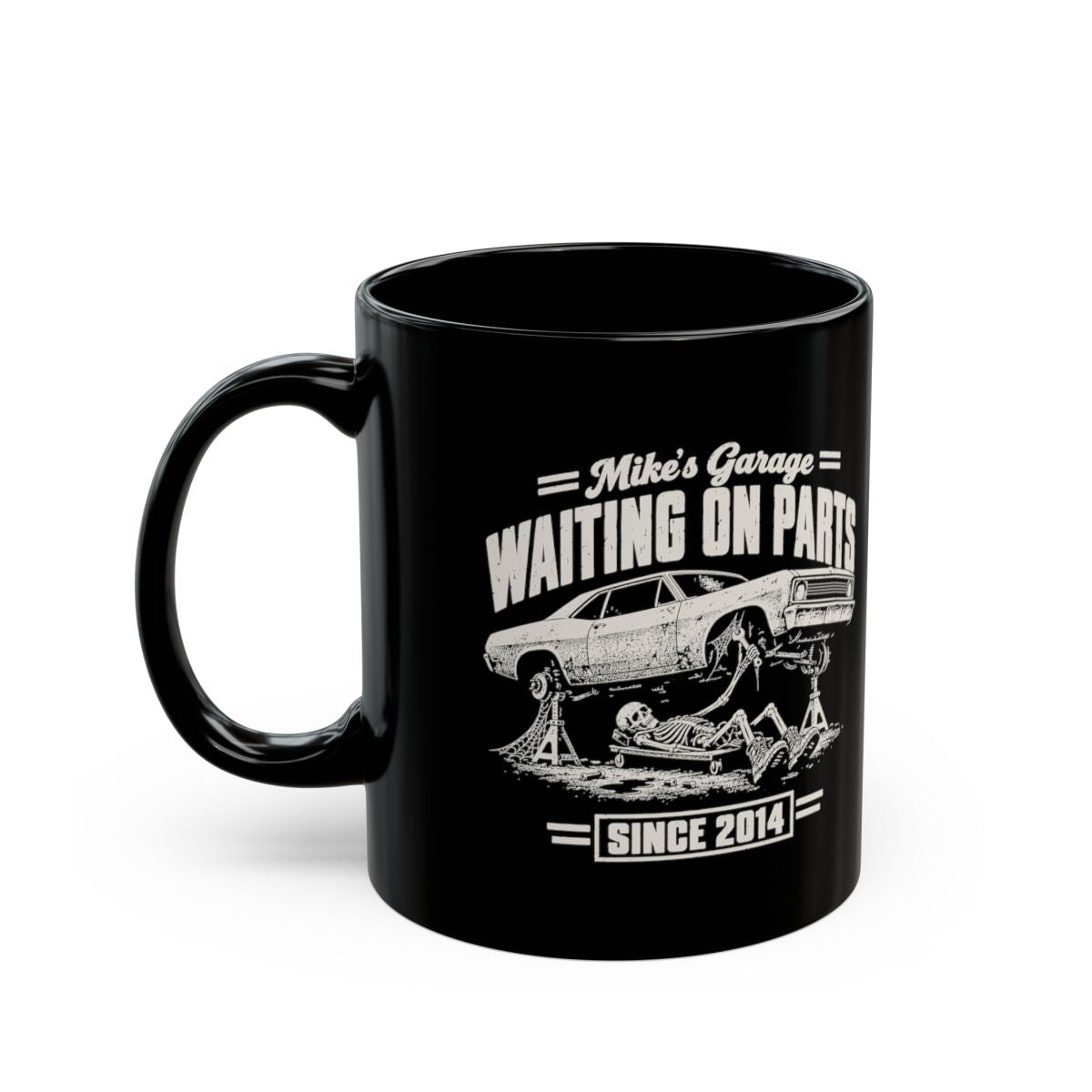 Waiting on Parts Personalized Garage Mug - 11oz black coffee mug, handle on the left