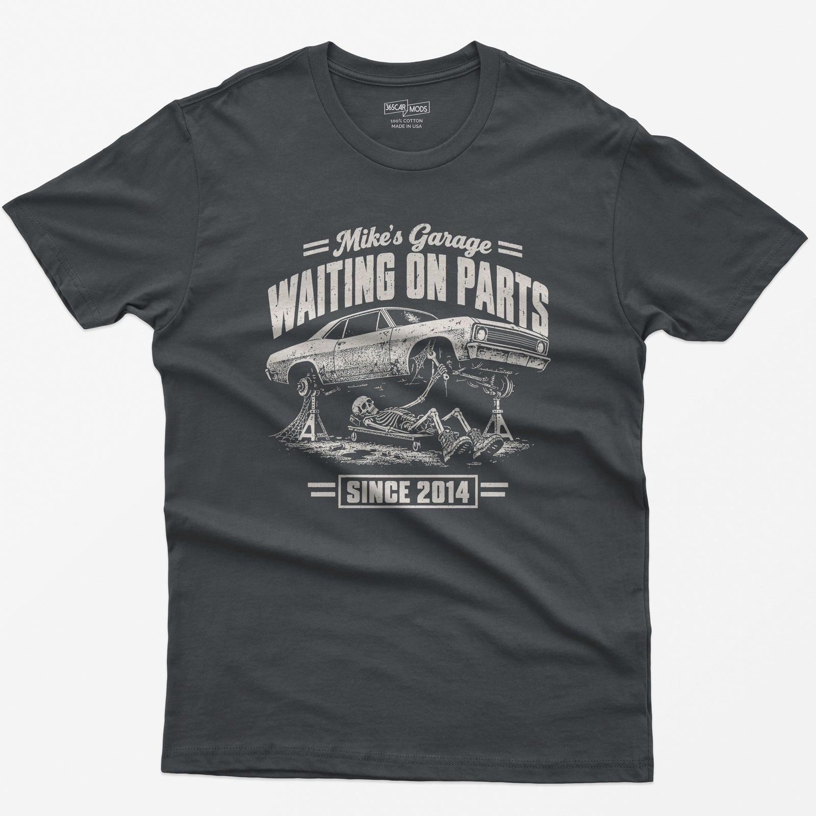 Charcoal t-shirt with the personalized Waiting on Parts garage design