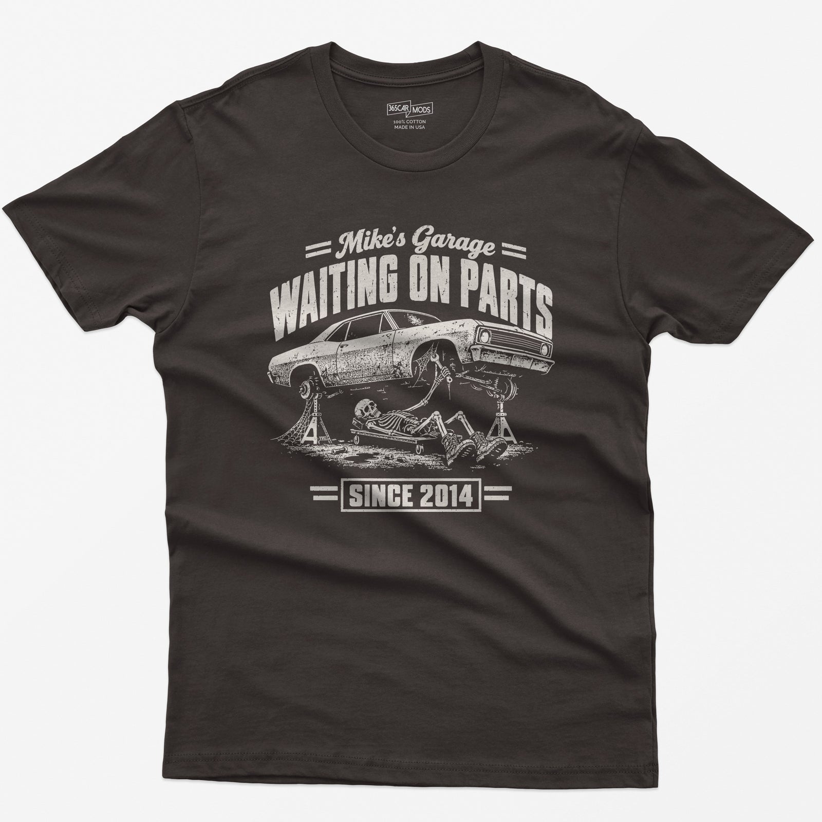 Dark Chocolate t-shirt with the personalized Waiting on Parts garage design