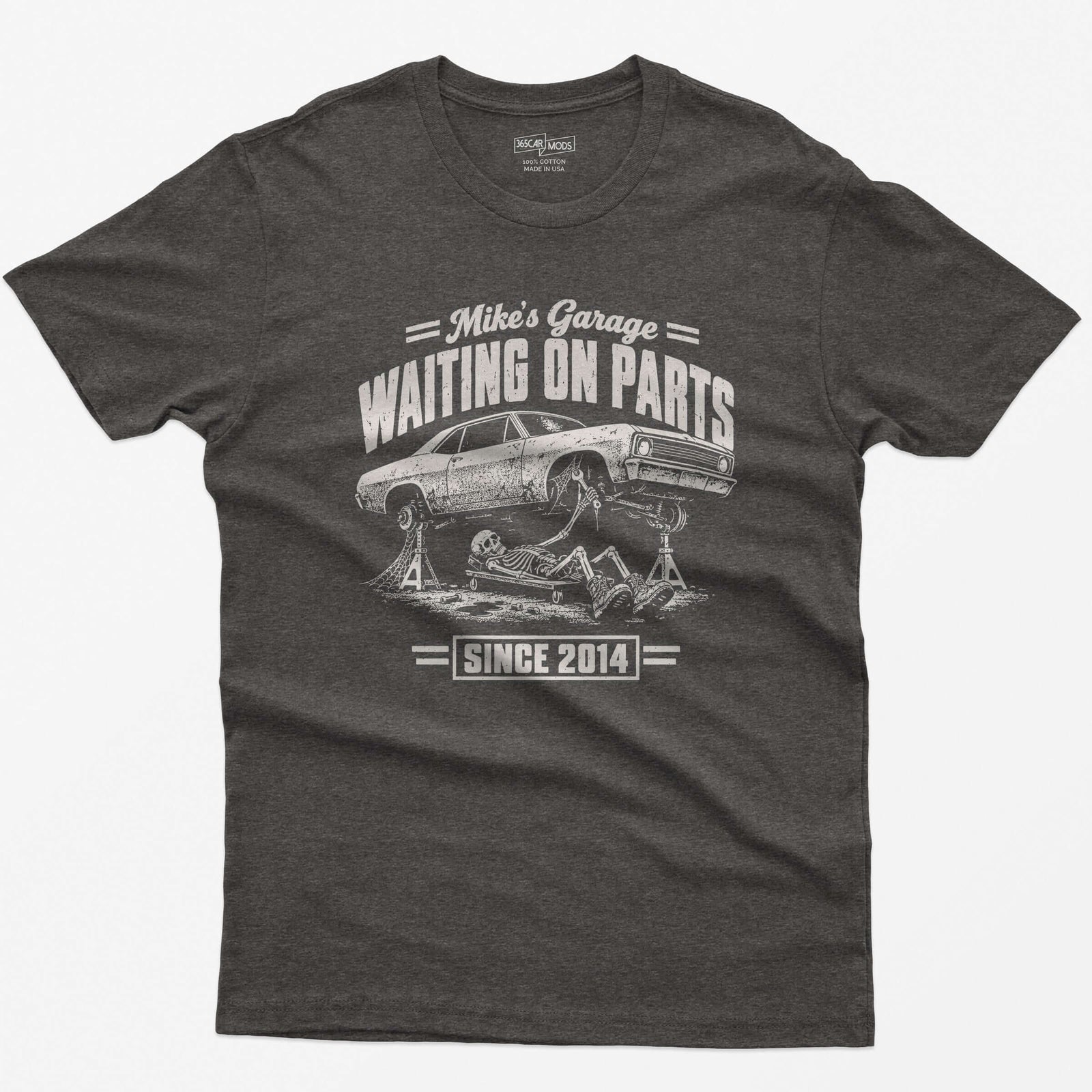 Dark Heather t-shirt with the personalized Waiting on Parts garage design