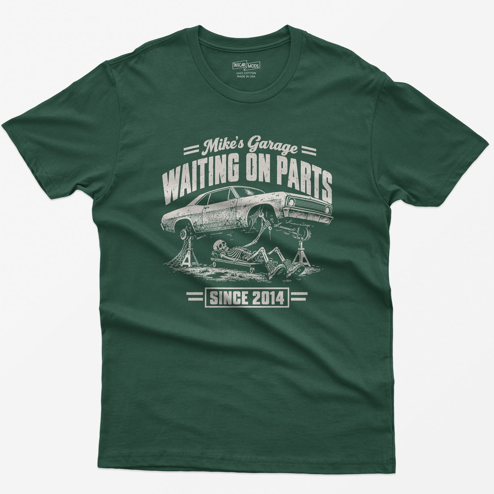 Forest Green t-shirt with the personalized Waiting on Parts garage design