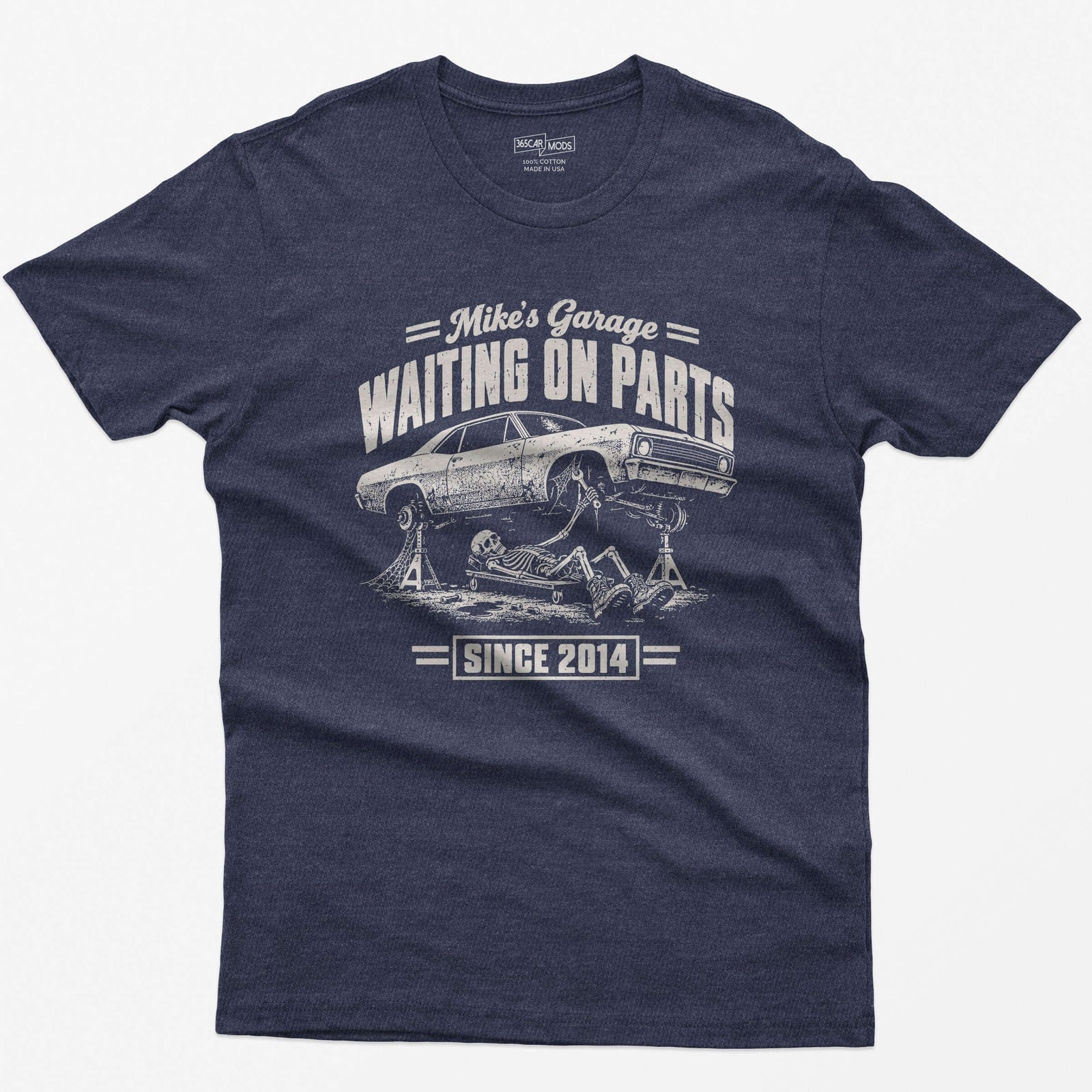 Heather Navy t-shirt with the personalized Waiting on Parts garage design