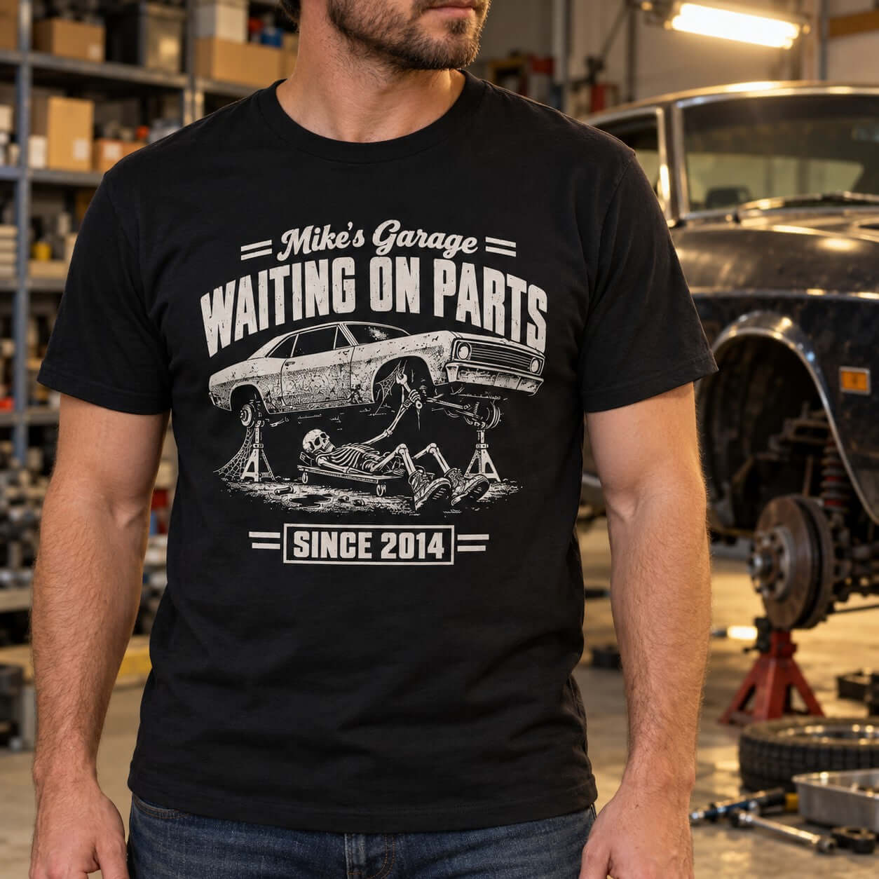 Waiting on Parts Personalized Garage T-Shirt - lifestyle photo in black