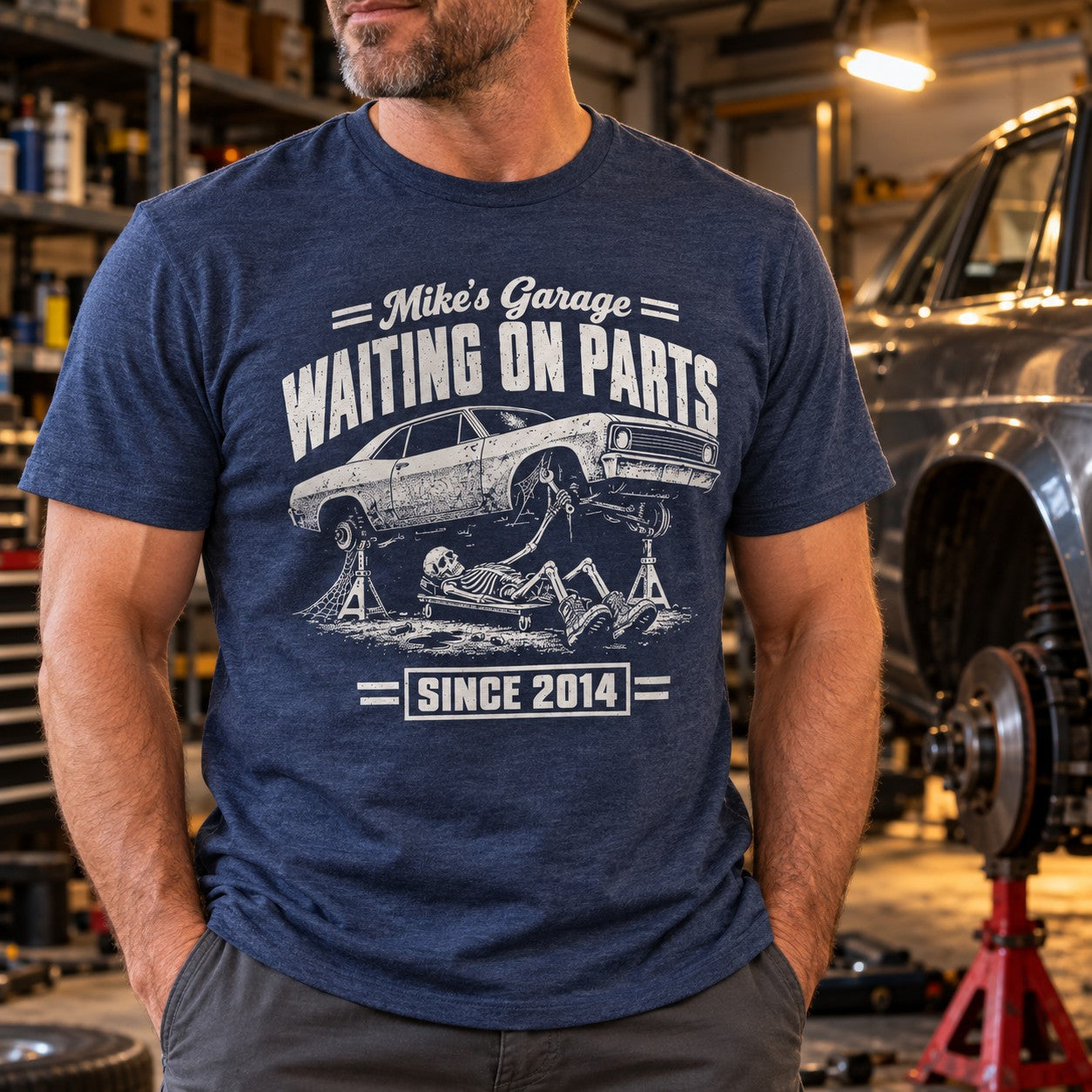 Waiting on Parts Personalized Garage T-Shirt - lifestyle photo in heather navy