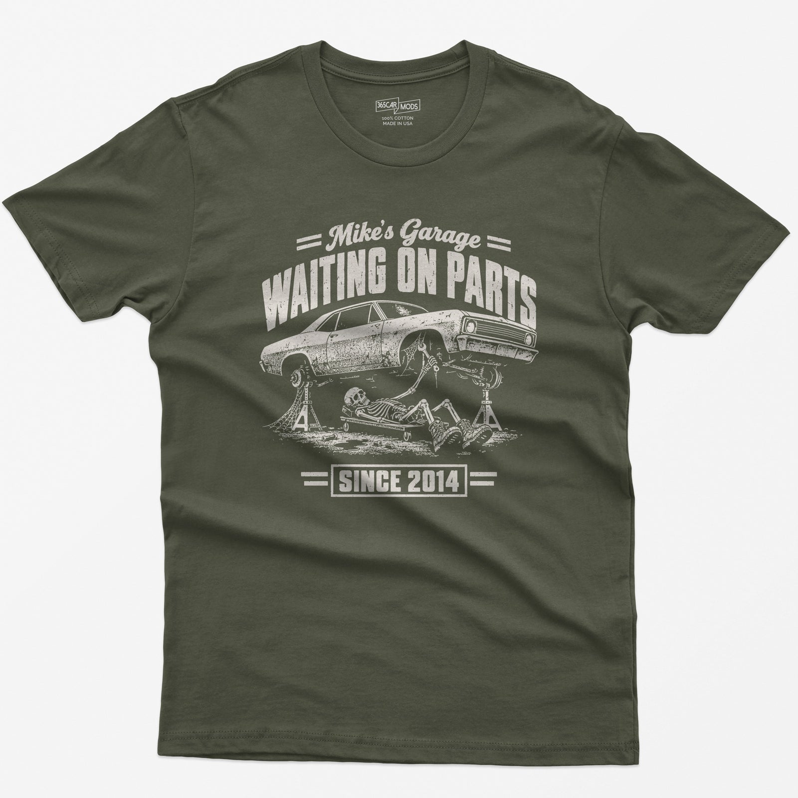 Military Green t-shirt with the personalized Waiting on Parts garage design