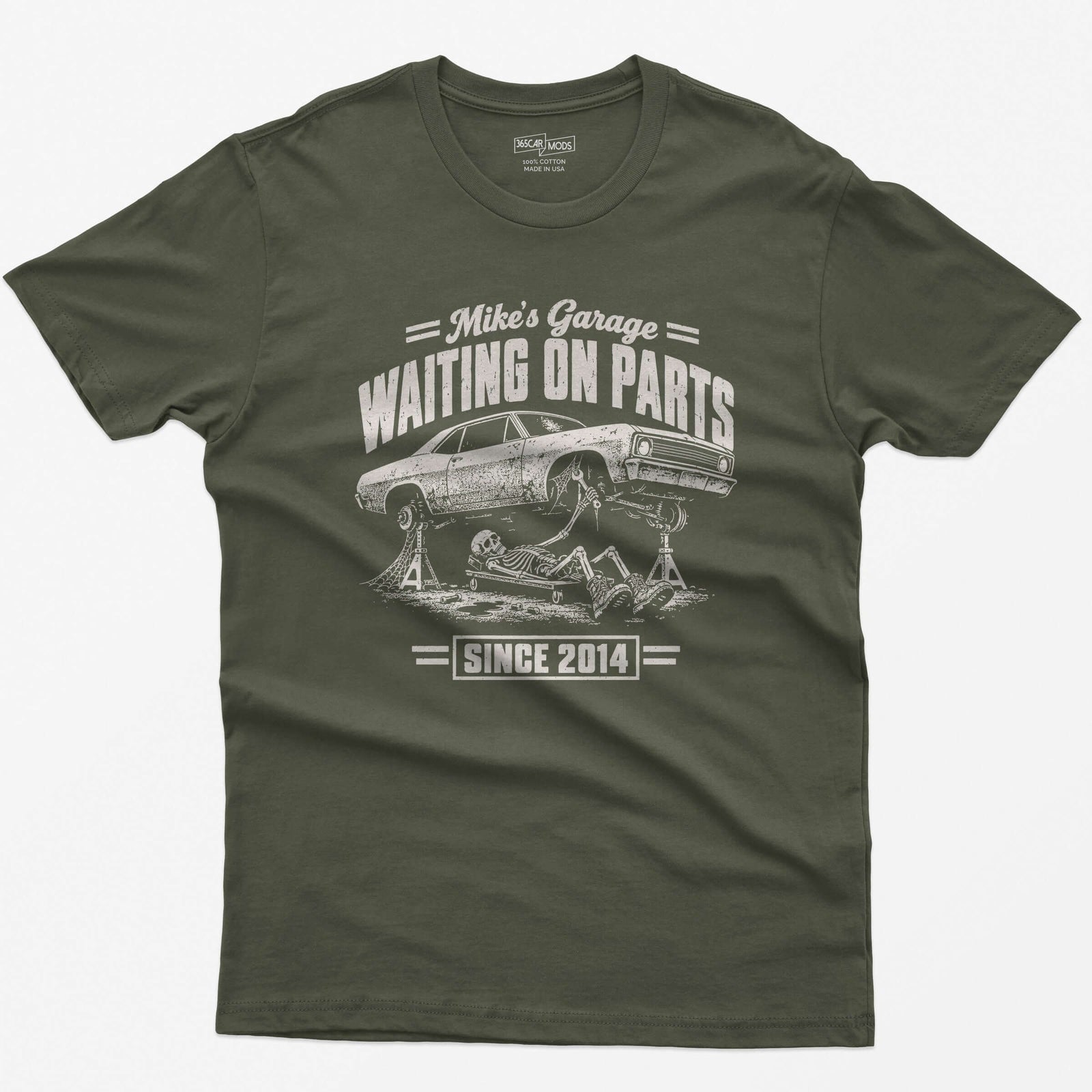 Military Green t-shirt with the personalized Waiting on Parts garage design