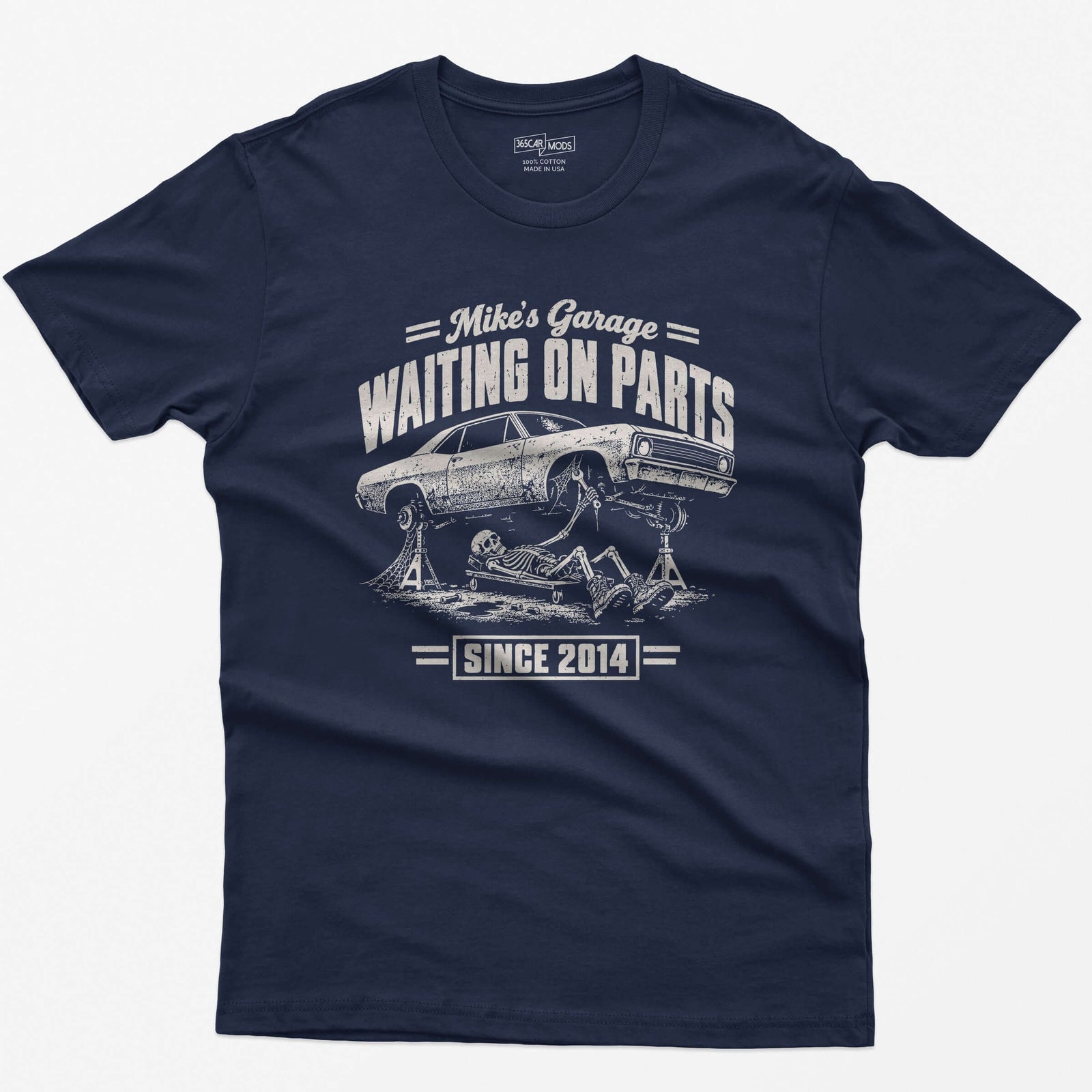 Navy t-shirt with the personalized Waiting on Parts garage design