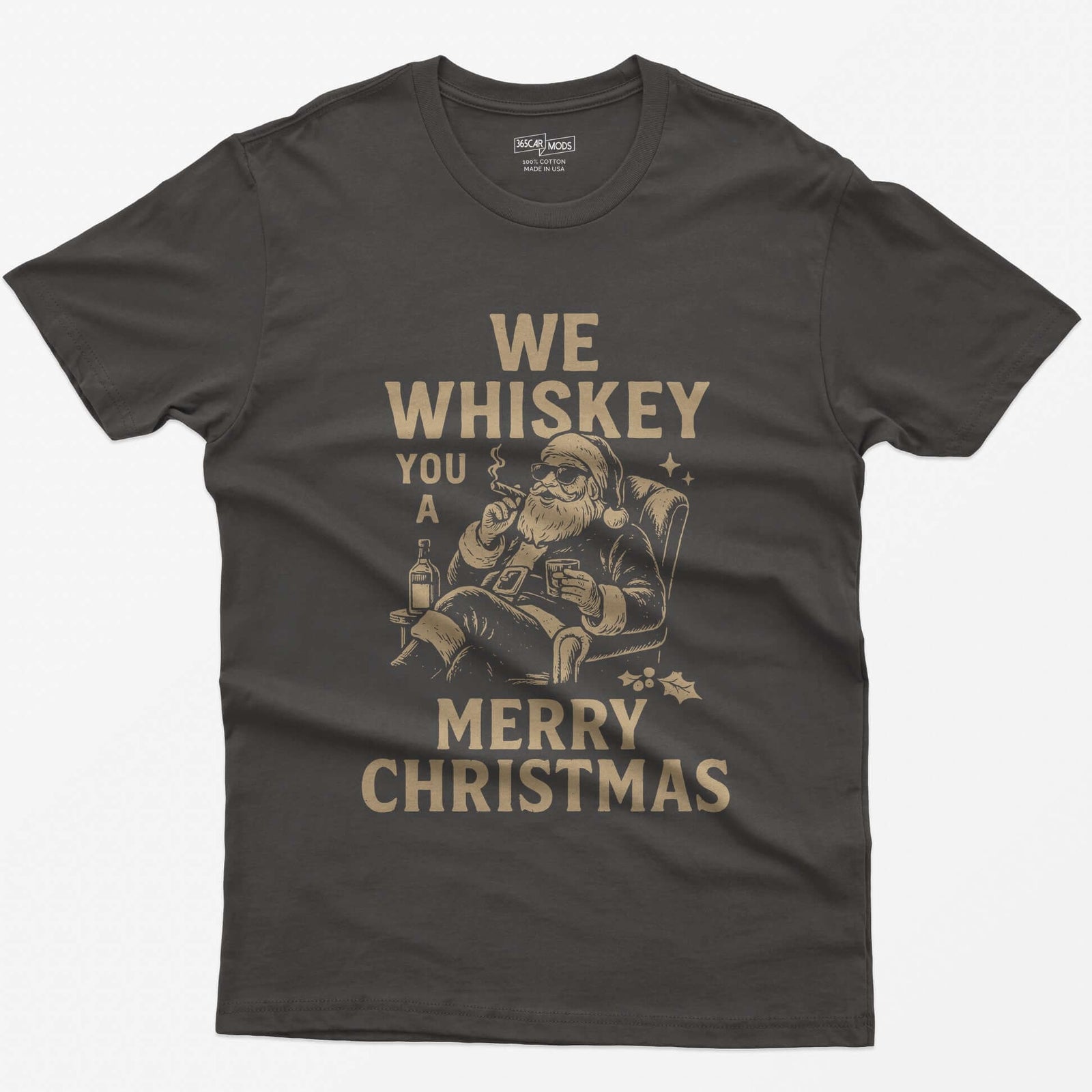 Dark Heather t-shirt with We Whiskey You a Merry Christmas text and a Santa in sunglasses smoking a cigar with a whiskey glass