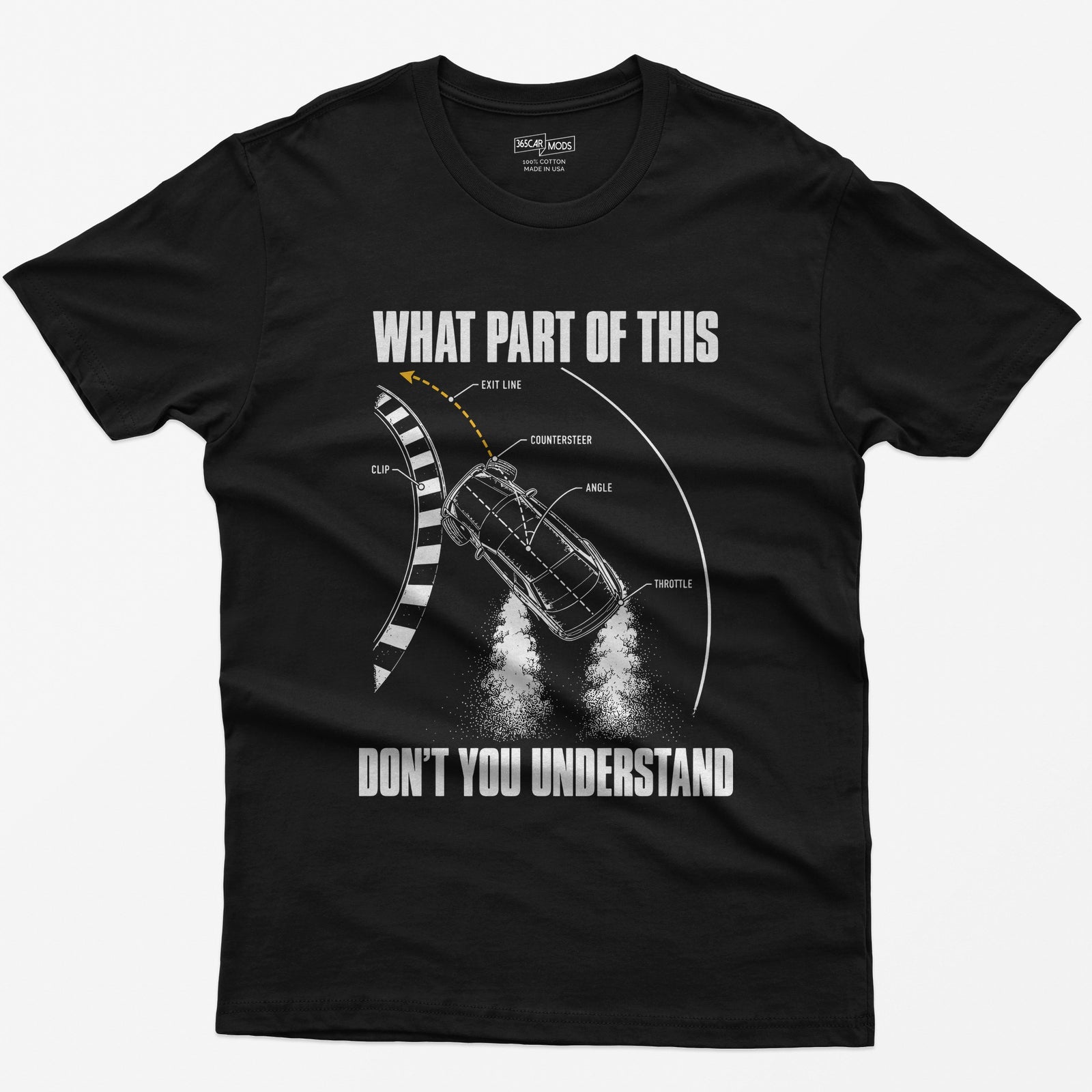 Black t-shirt with a What Part Of This Don't You Understand print: a drifting car seen from above with the clip, countersteer, angle and throttle labeled
