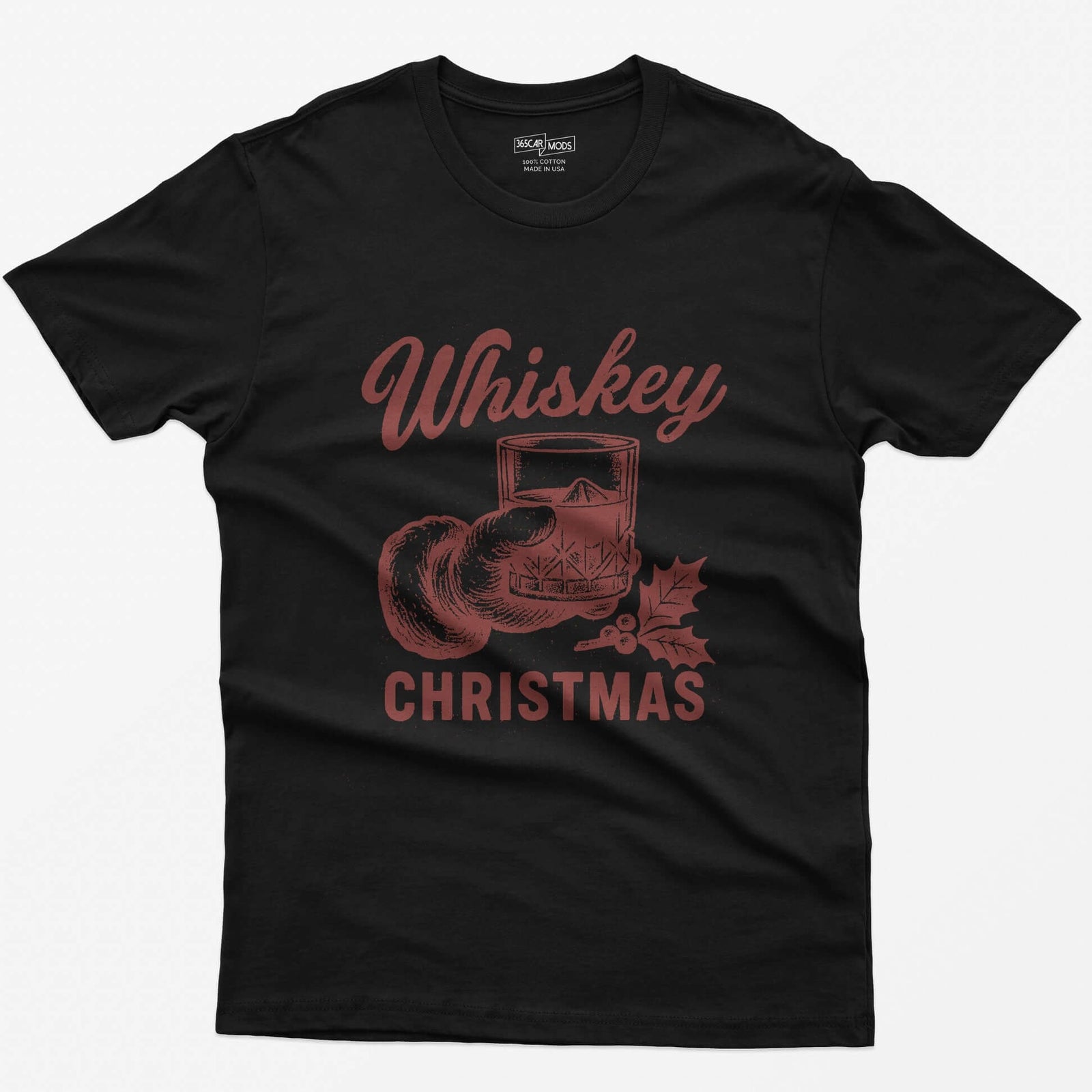 Black t-shirt with red vintage-style print of a Santa hand holding a whiskey rocks glass with holly, text Whiskey Christmas