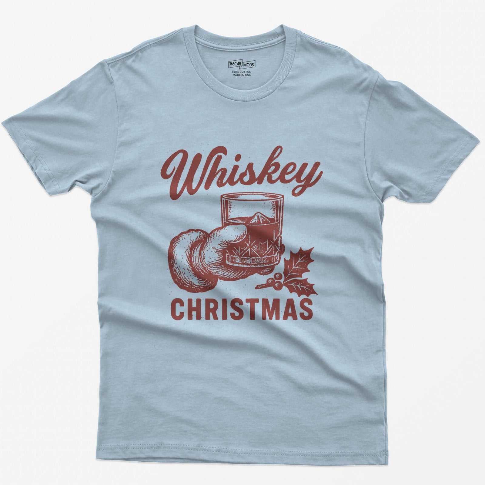 Light Blue t-shirt with red vintage-style print of a Santa hand holding a whiskey rocks glass with holly, text Whiskey Christmas