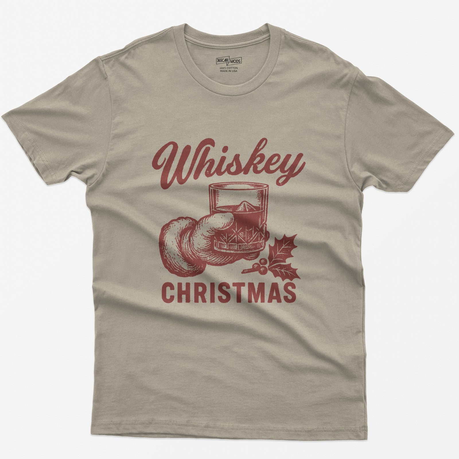 Sand t-shirt with red vintage-style print of a Santa hand holding a whiskey rocks glass with holly, text Whiskey Christmas
