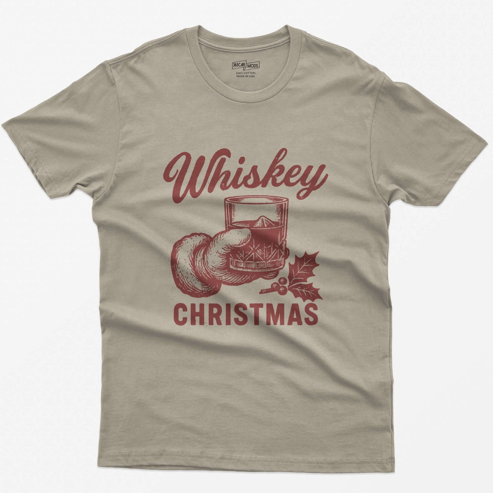 Sand t-shirt with red vintage-style print of a Santa hand holding a whiskey rocks glass with holly, text Whiskey Christmas