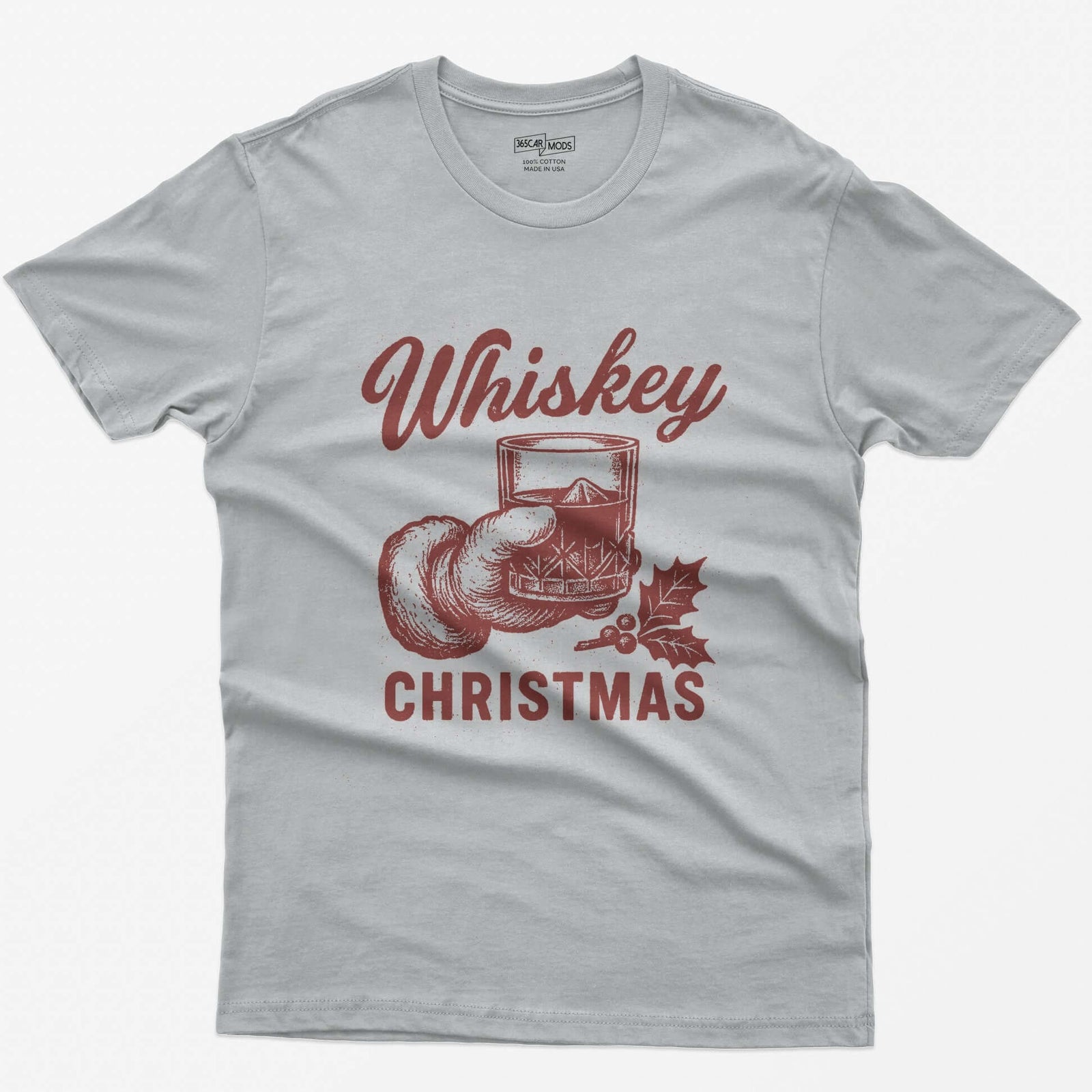 Sport Grey t-shirt with red vintage-style print of a Santa hand holding a whiskey rocks glass with holly, text Whiskey Christmas