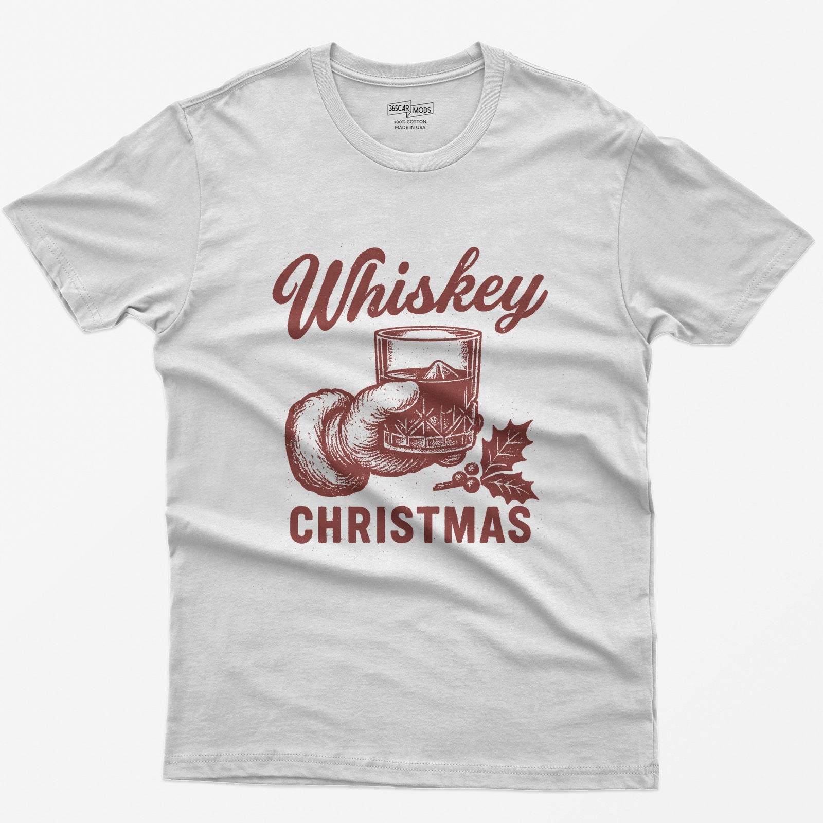White t-shirt with red vintage-style print of a Santa hand holding a whiskey rocks glass with holly, text Whiskey Christmas