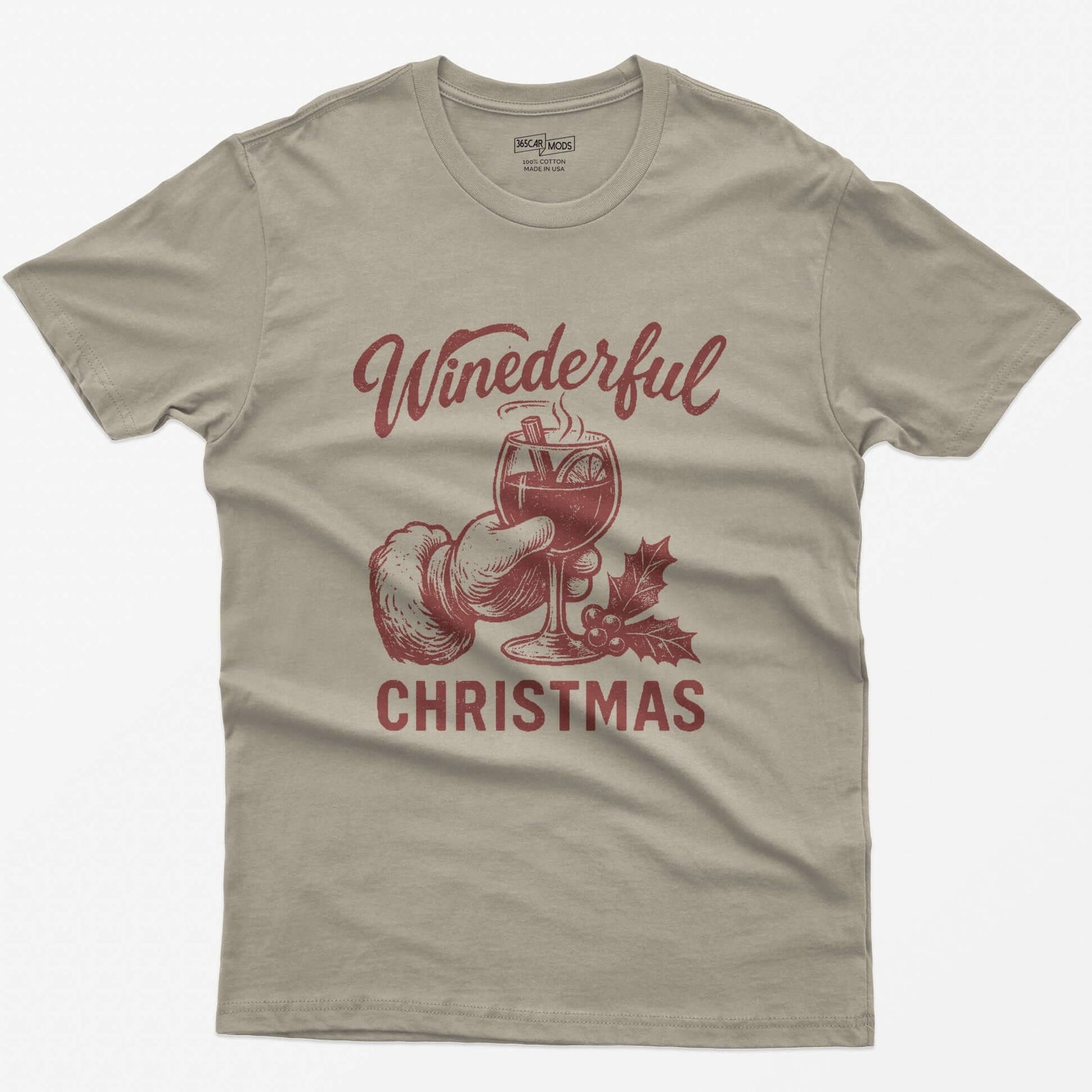 Sand t-shirt with red vintage print of Santa's hand holding a steaming mulled wine glass and Winederful Christmas text