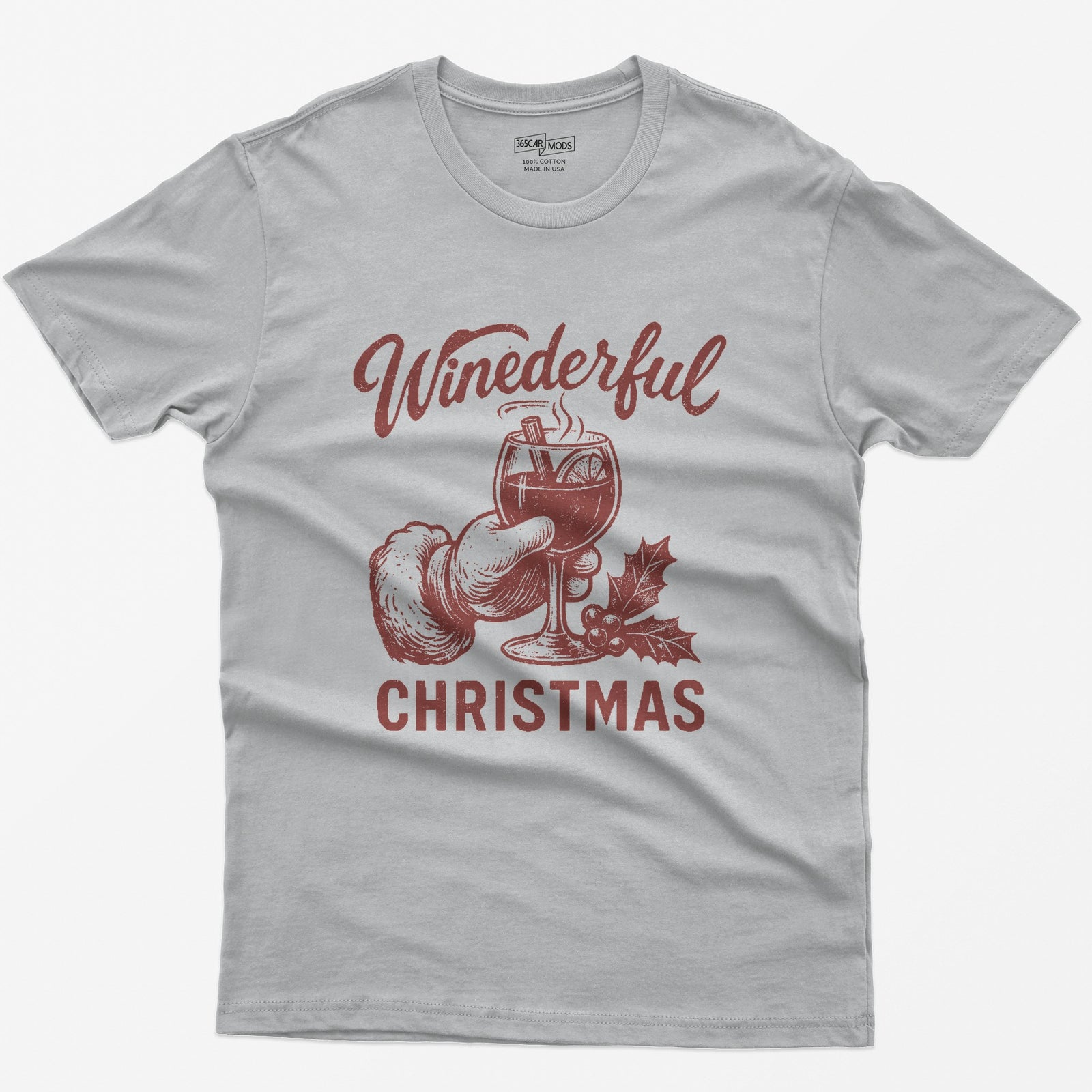 Sport Grey t-shirt with red vintage print of Santa's hand holding a steaming mulled wine glass and Winederful Christmas text