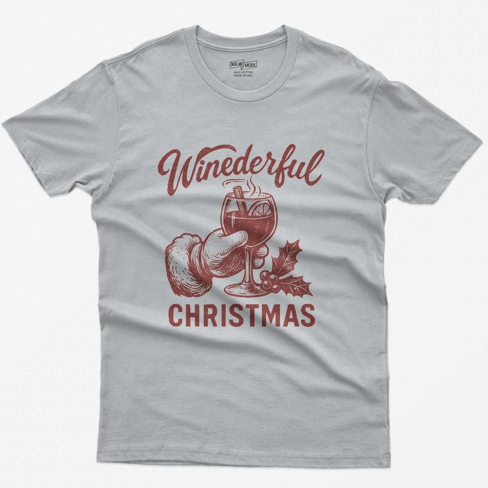 Sport Grey t-shirt with red vintage print of Santa's hand holding a steaming mulled wine glass and Winederful Christmas text