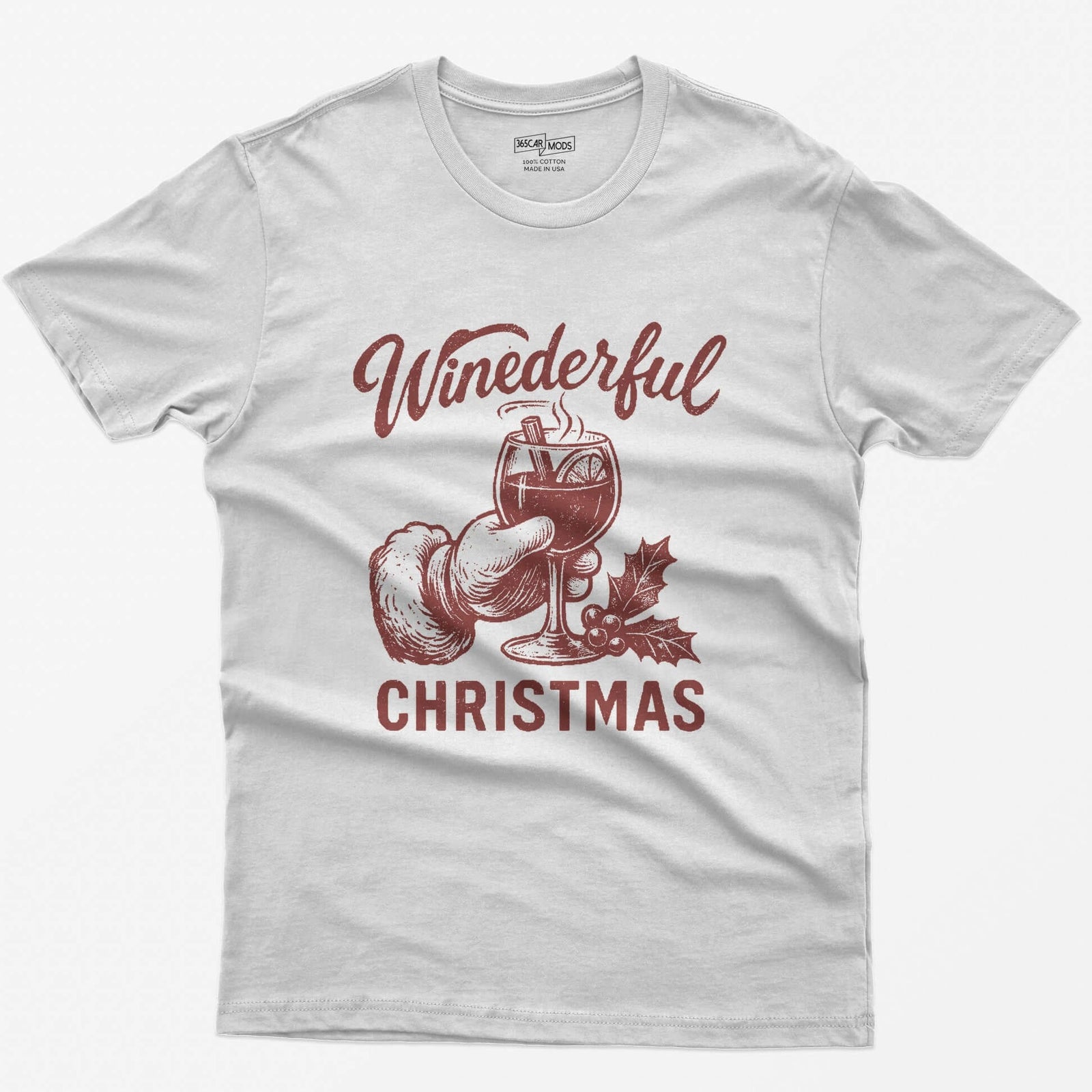 White t-shirt with red vintage print of Santa's hand holding a steaming mulled wine glass and Winederful Christmas text