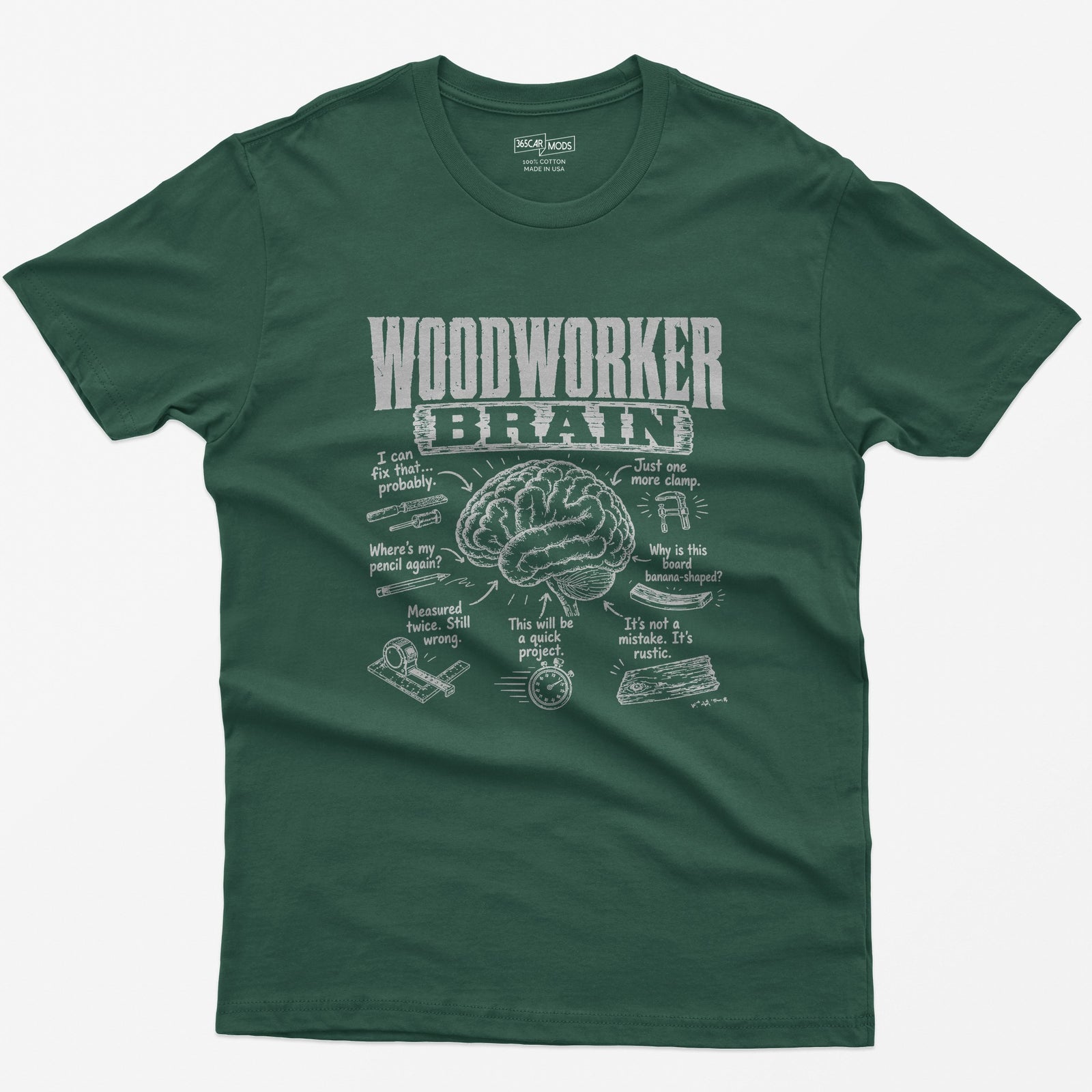 Forest Green t-shirt with Woodworker Brain print: an illustrated brain surrounded by seven woodworking thoughts and tool sketches