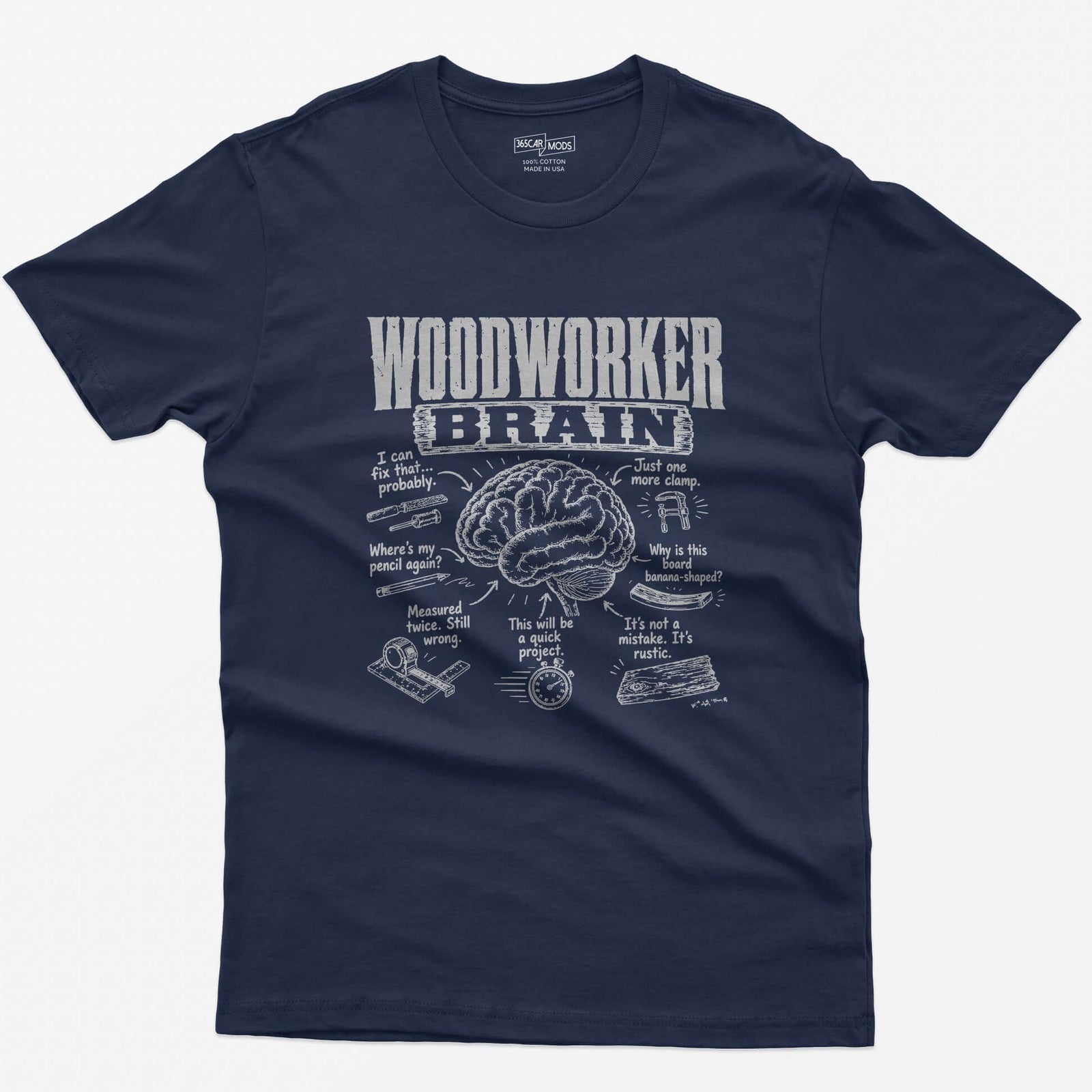 Navy t-shirt with Woodworker Brain print: an illustrated brain surrounded by seven woodworking thoughts and tool sketches
