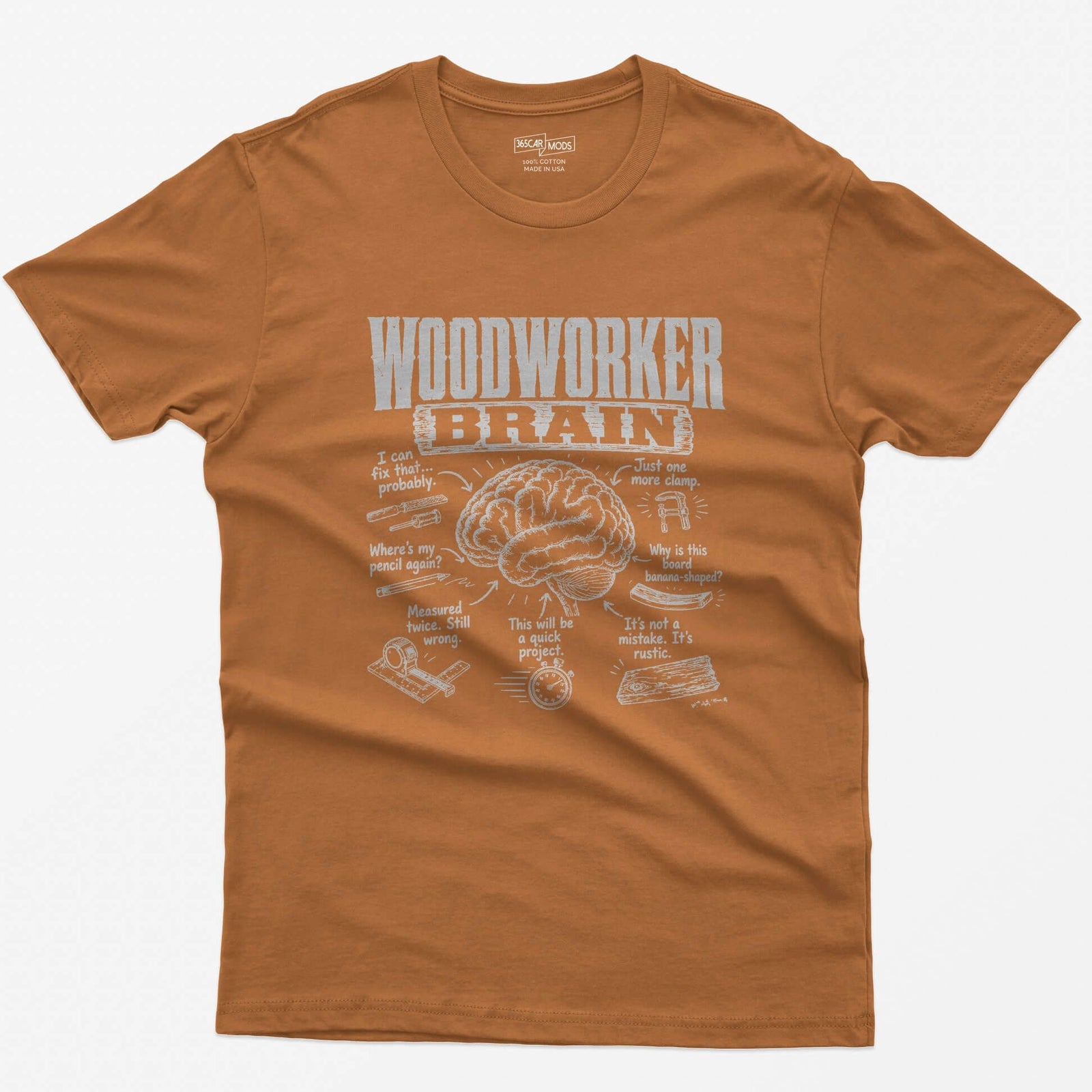 Texas Orange t-shirt with Woodworker Brain print: an illustrated brain surrounded by seven woodworking thoughts and tool sketches