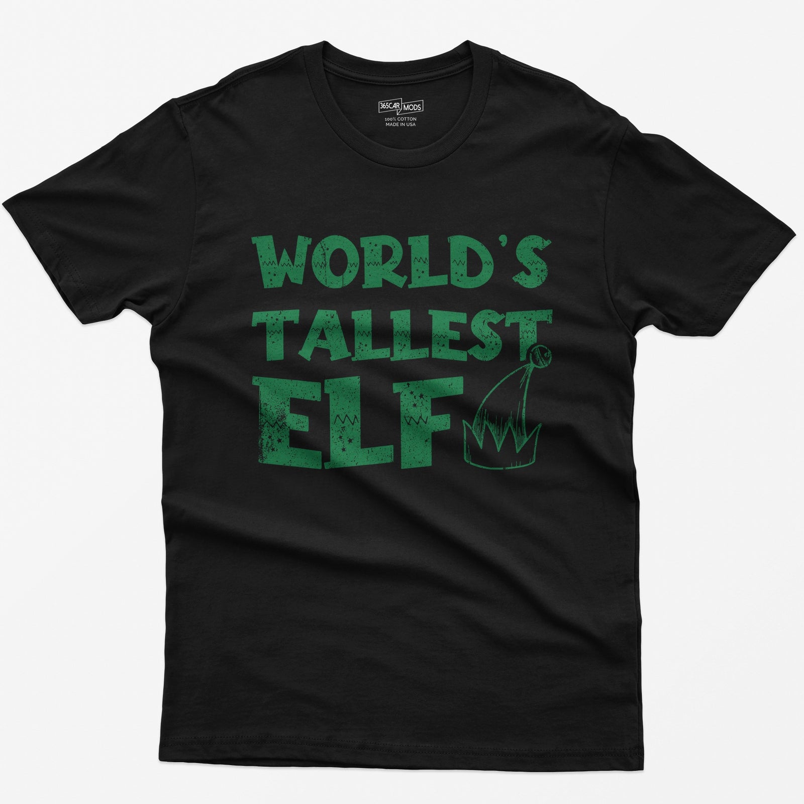 Black t-shirt with green distressed text World's Tallest Elf and a small elf hat with a bell