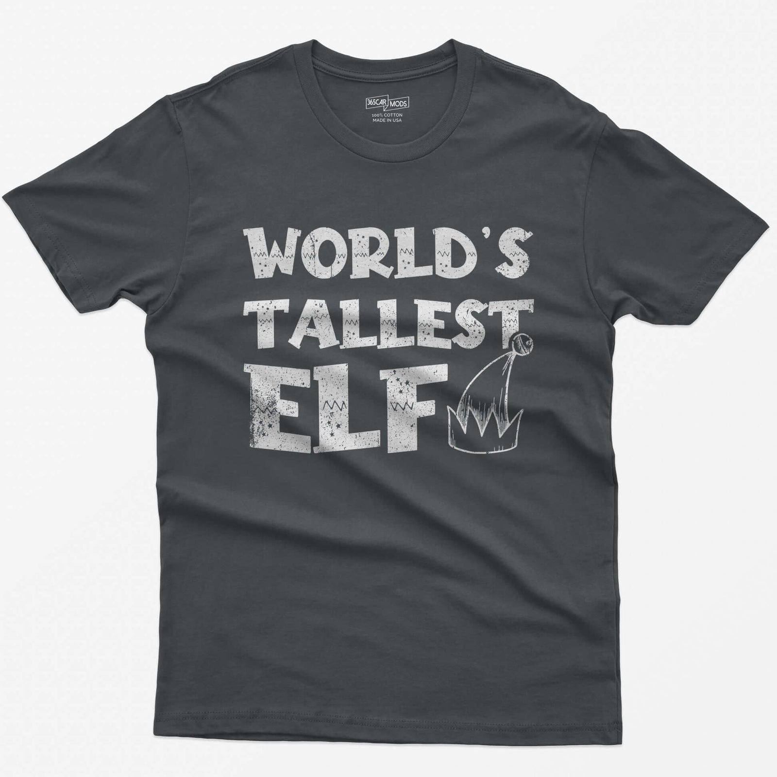 Charcoal t-shirt with green distressed text World's Tallest Elf and a small elf hat with a bell