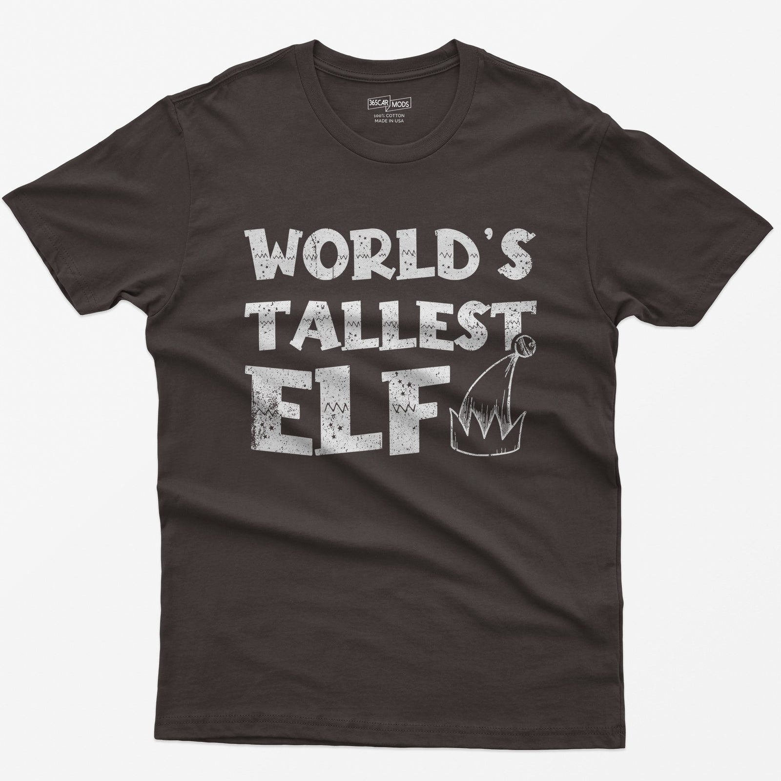 Dark Chocolate t-shirt with green distressed text World's Tallest Elf and a small elf hat with a bell