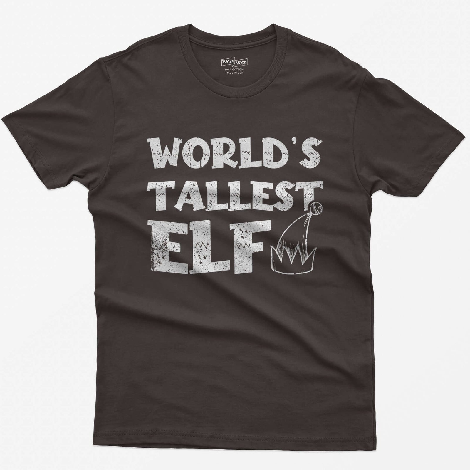 Dark Chocolate t-shirt with green distressed text World's Tallest Elf and a small elf hat with a bell