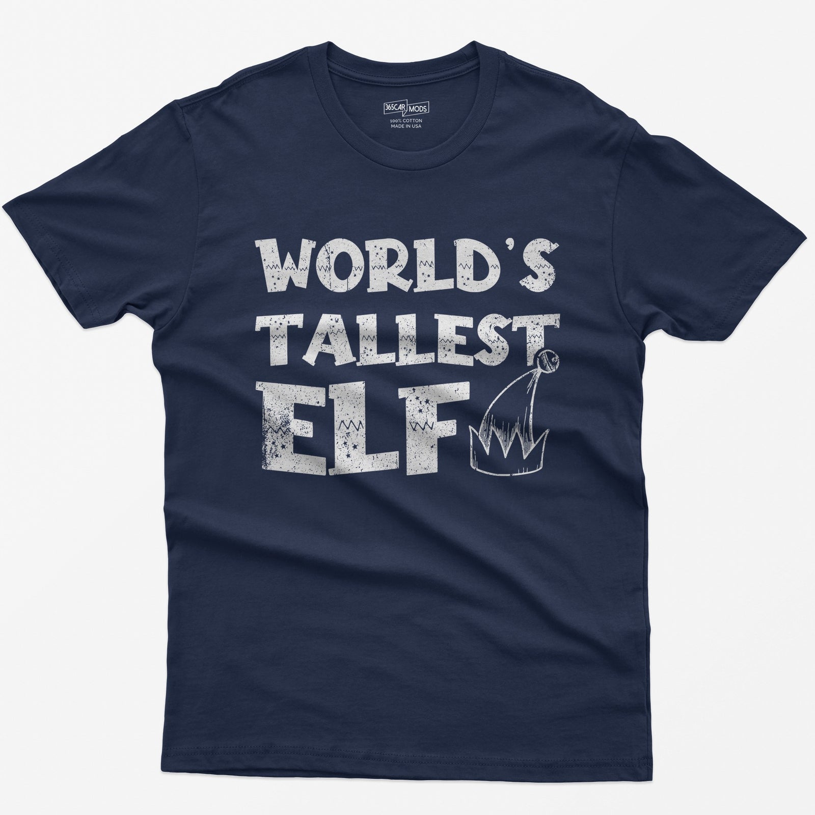 Navy t-shirt with green distressed text World's Tallest Elf and a small elf hat with a bell