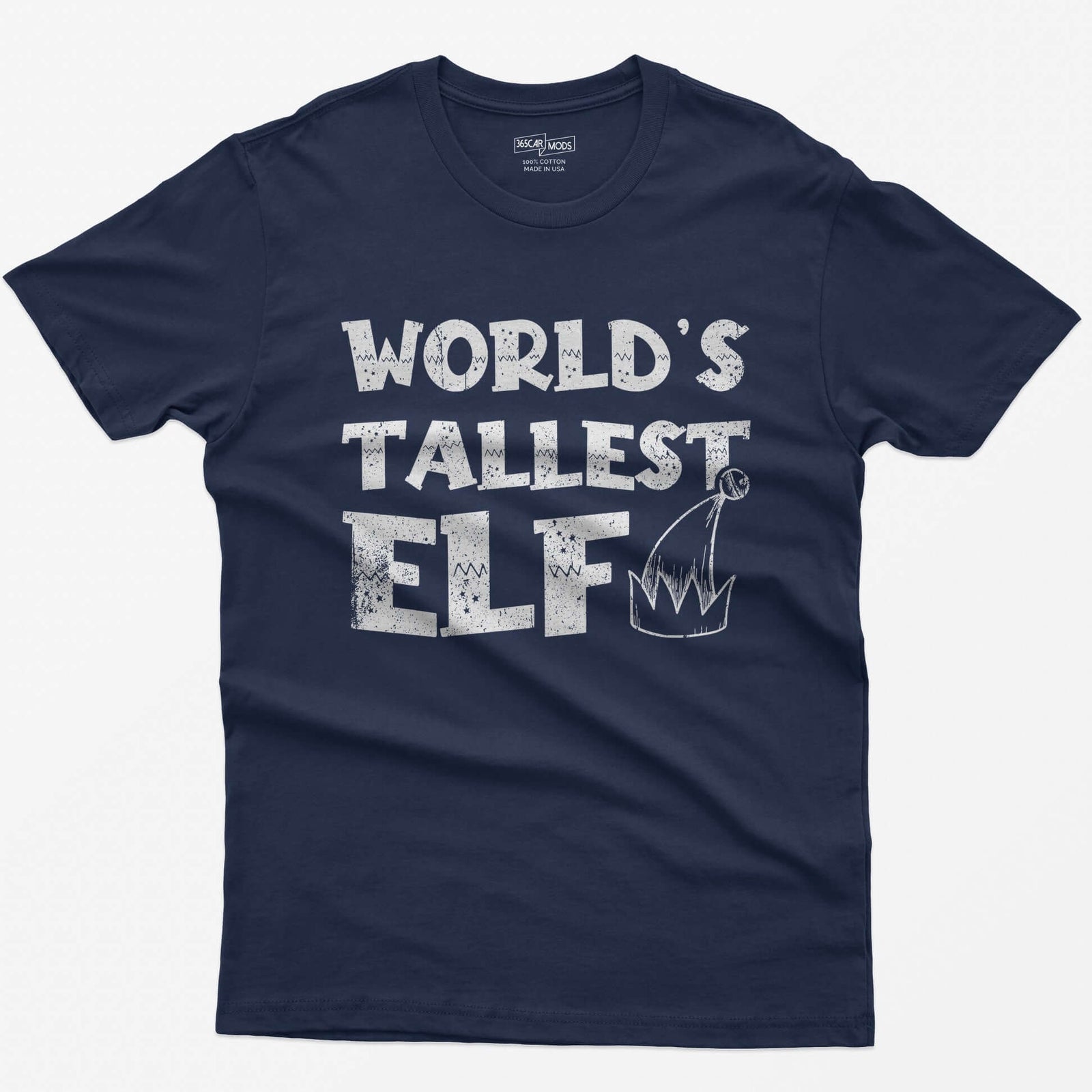 Navy t-shirt with green distressed text World's Tallest Elf and a small elf hat with a bell