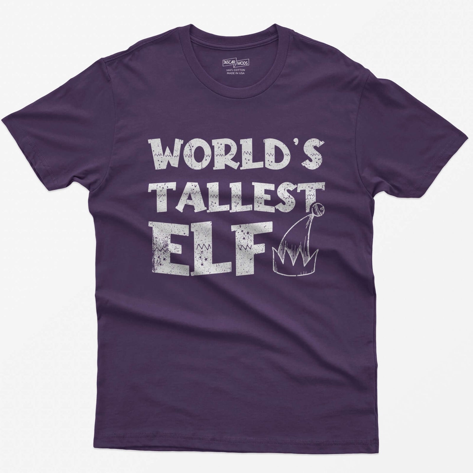 Purple t-shirt with green distressed text World's Tallest Elf and a small elf hat with a bell