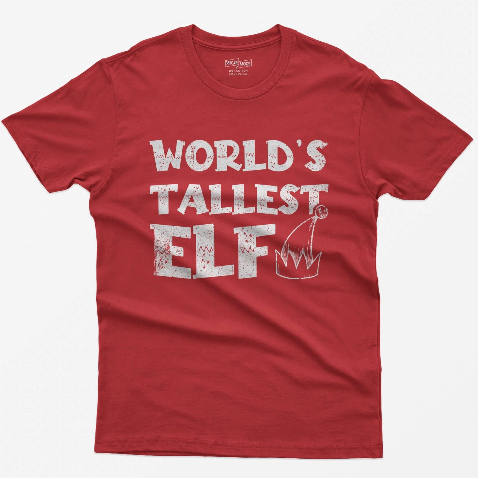Red t-shirt with green distressed text World's Tallest Elf and a small elf hat with a bell
