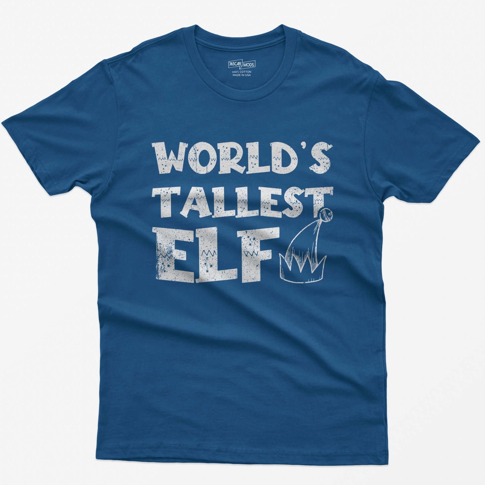 Royal t-shirt with green distressed text World's Tallest Elf and a small elf hat with a bell