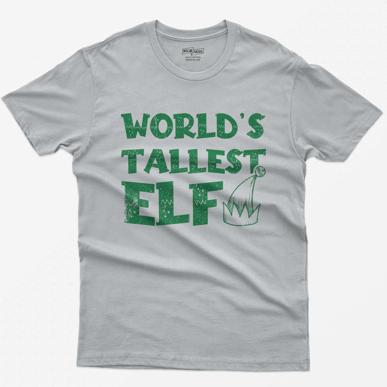 Sport Grey t-shirt with green distressed text World's Tallest Elf and a small elf hat with a bell