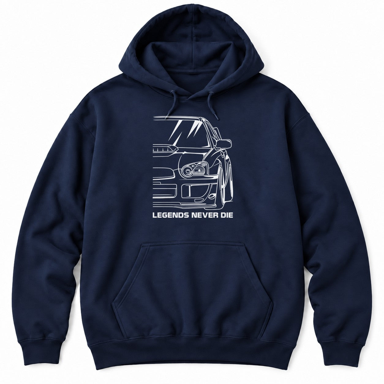 Navy hoodie with a white close-up line drawing of an AWD rally sedan front end with a hood scoop and LEGENDS NEVER DIE