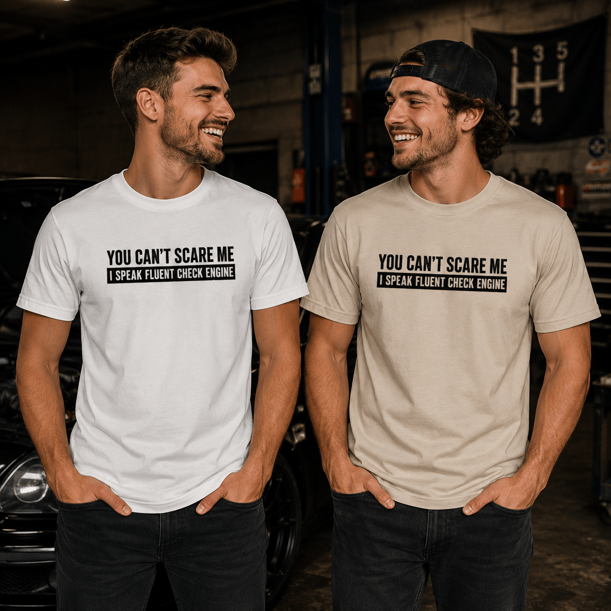Minimalist Check Engine shirt white | Car geek shirt | 365CarMods