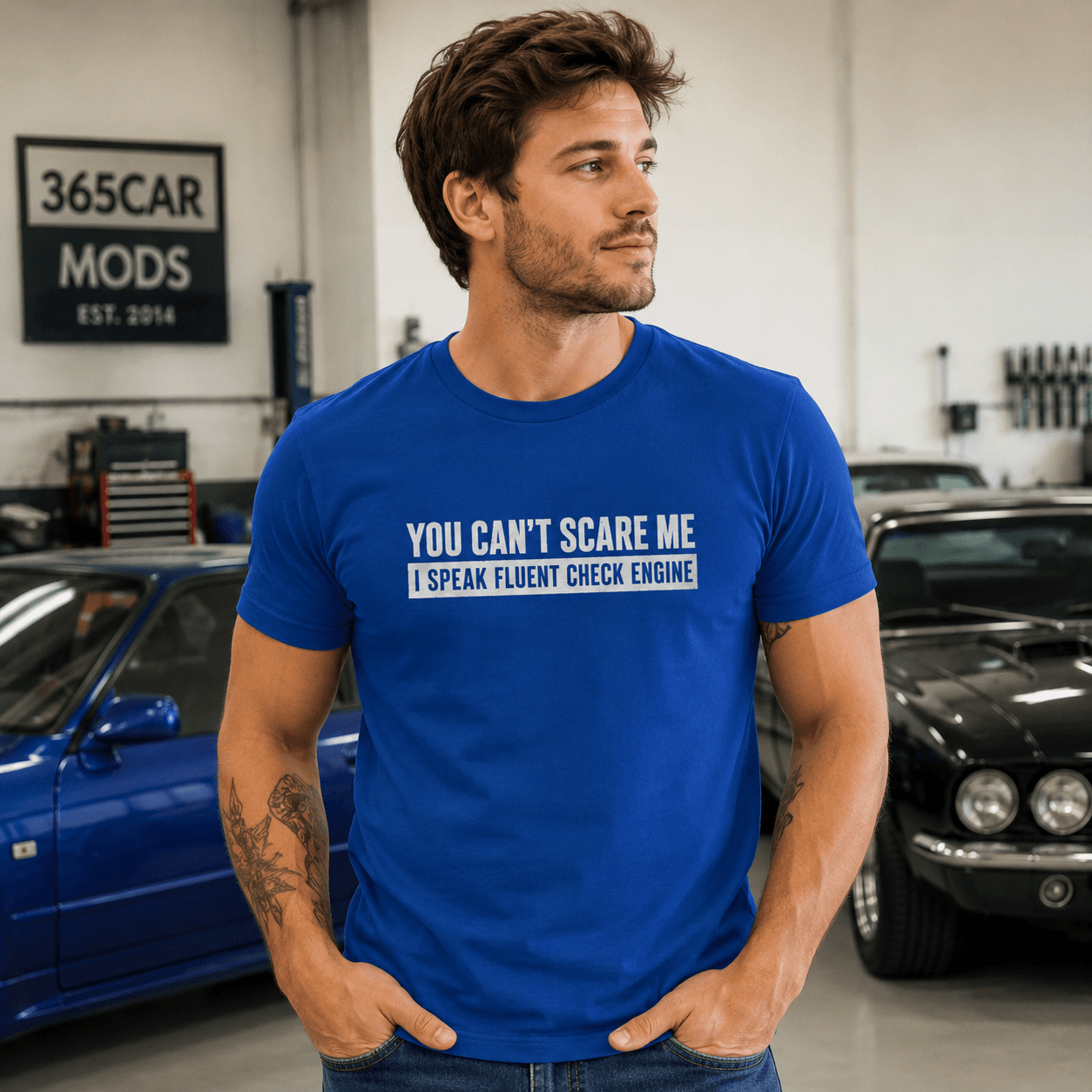 Minimalist Check Engine shirt royal blue | Bold mechanic top | 365CarMods