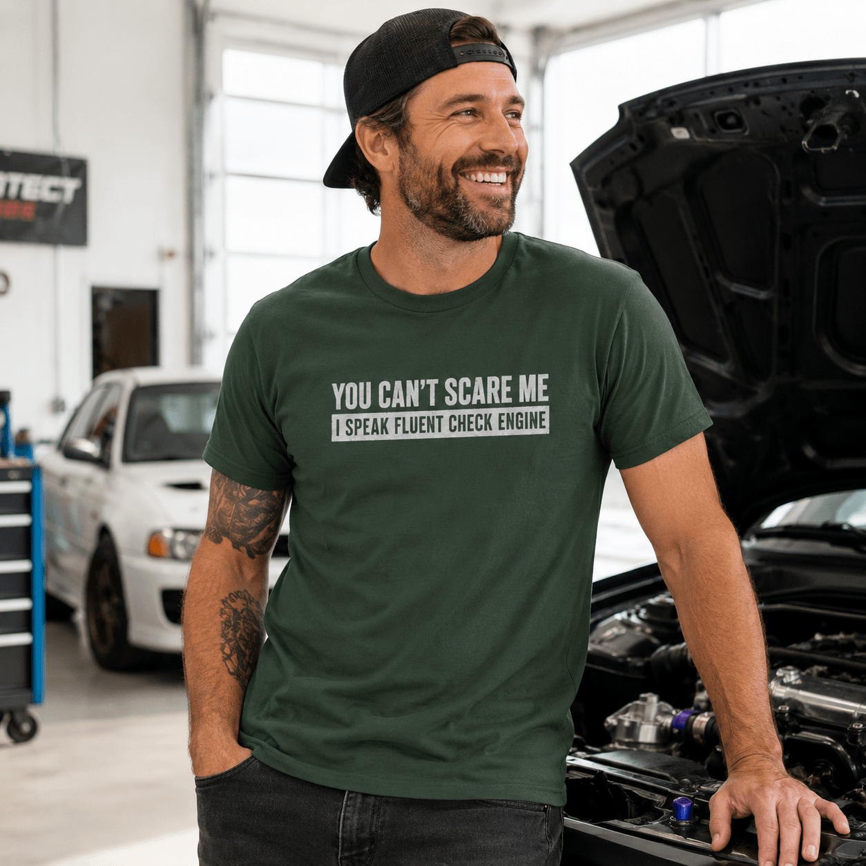 Minimalist Check Engine t-shirt closeup print detail | Car owner gift | 365CarMods