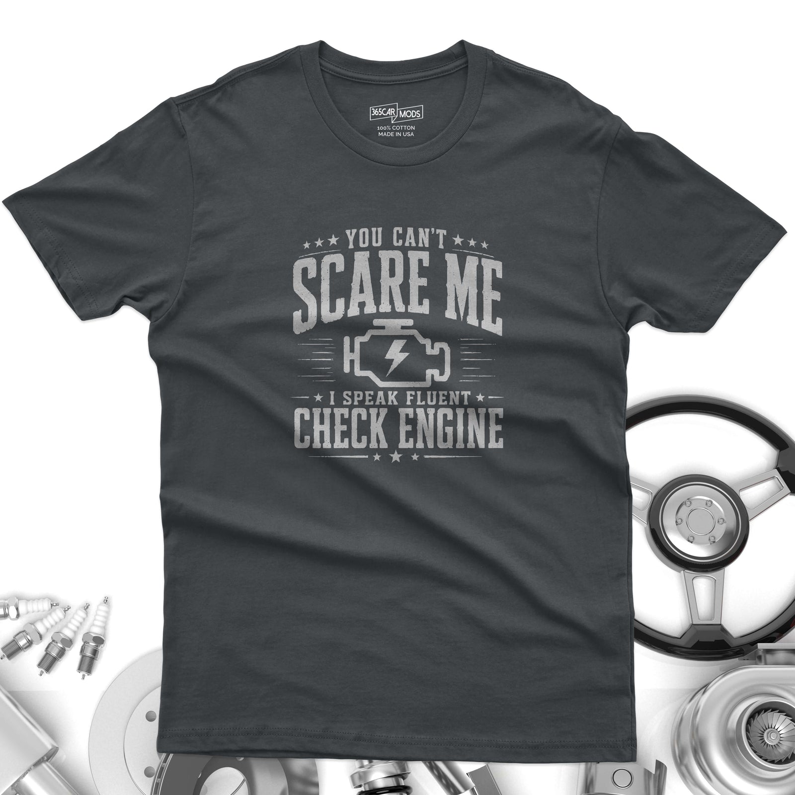 Vintage Check Engine t-shirt lifestyle photo | Gearhead gift tee | 365CarMods
