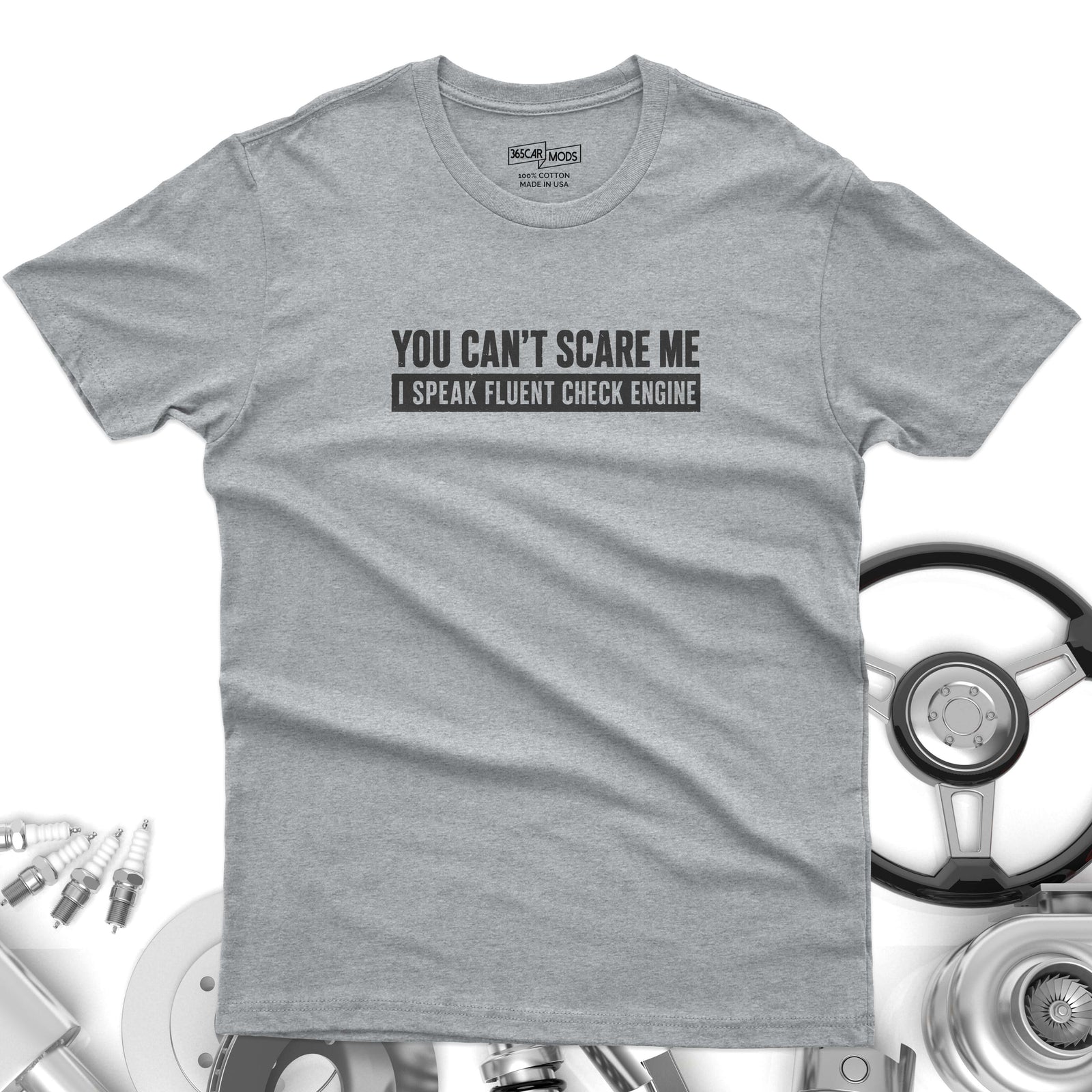 Minimalist Check Engine t-shirt design print | Bold car repair humor tee | 365CarMods